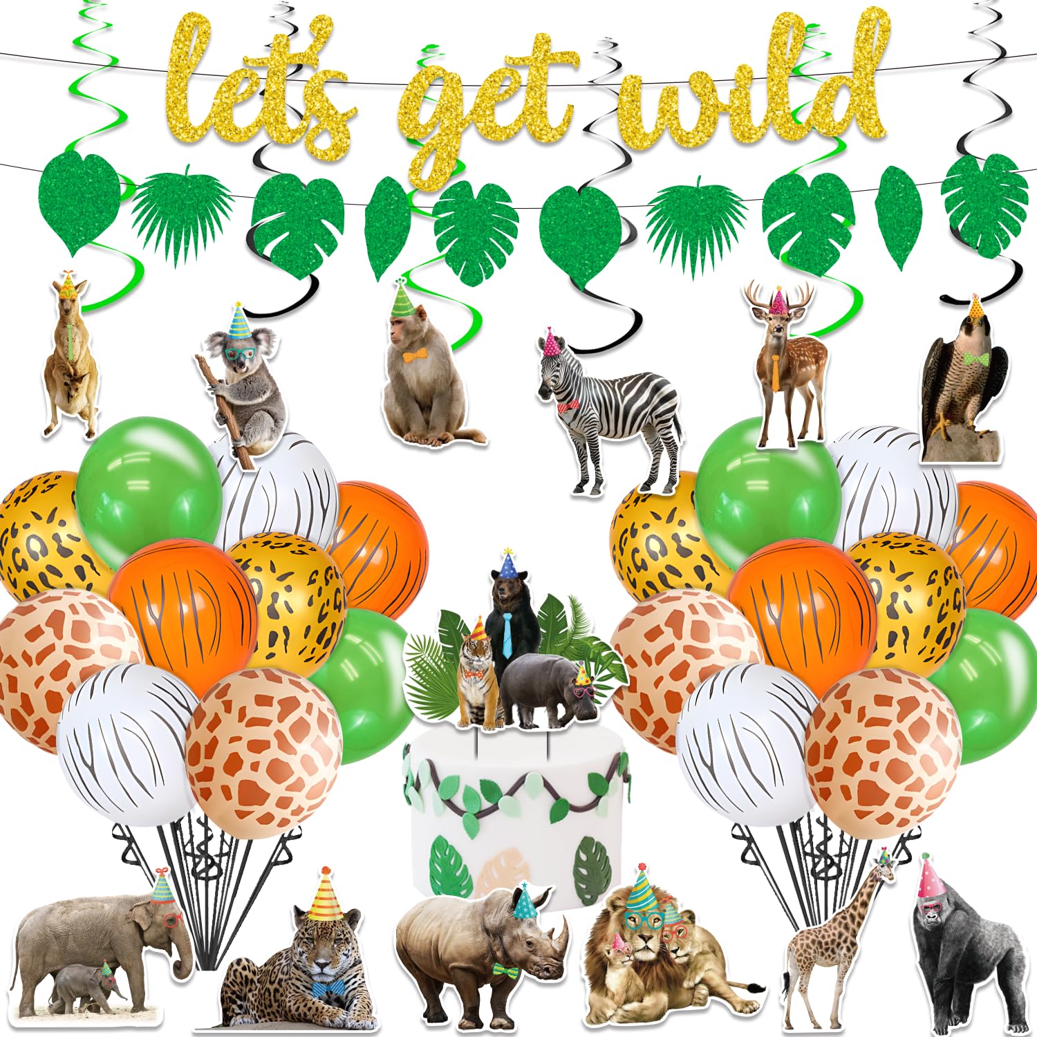 Jungle Theme Party Decorations for Boys Girls, Safari Animals Birthday Decorations Kit - Gold Glitter Les't Get Wild Banner,Cake Toppers,Balloons,