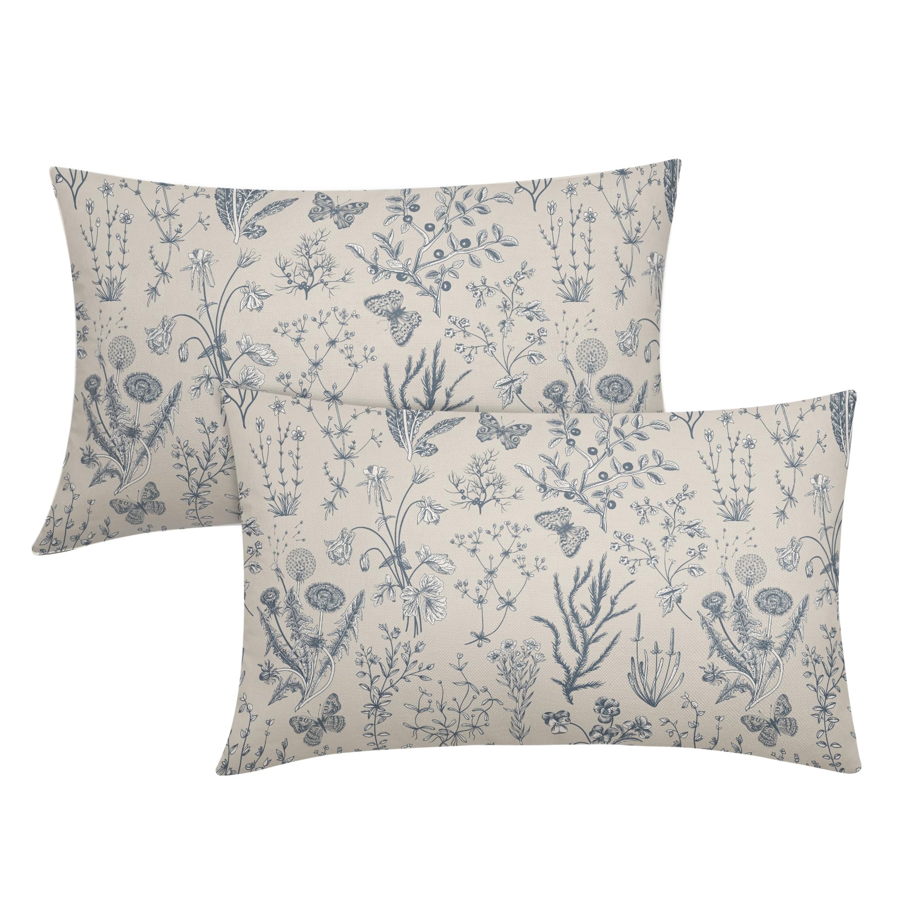 Kawani Spring Dusty Blue Floral Lumbar Pillow Covers 12x20 Inch Vintage Wild Flower Herbs Plant Butterfly Decorative Pillow Cases Botanical Farmhouse Cushion Covers Home Decor for Sofa Couch Set of 2