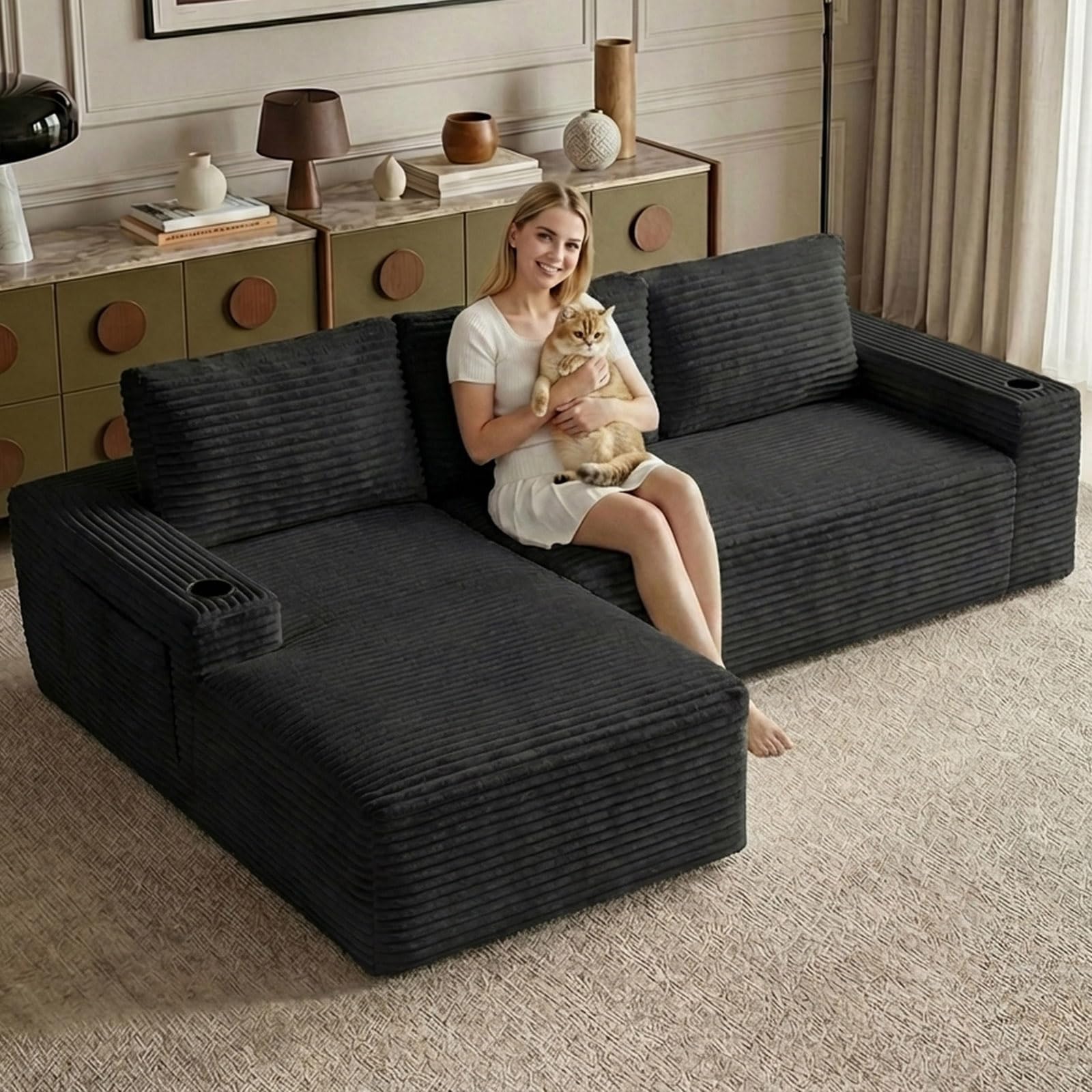 104.3" Modular Sectional Sofa,Modern Corduroy Cloud Couch with Cup Holder &amp; Side Pockets,Boneless Couch Upholstered 3-Seater L-Shaped Sofa for Living Room,No Assembly (Black, Left-Facing Chaise)