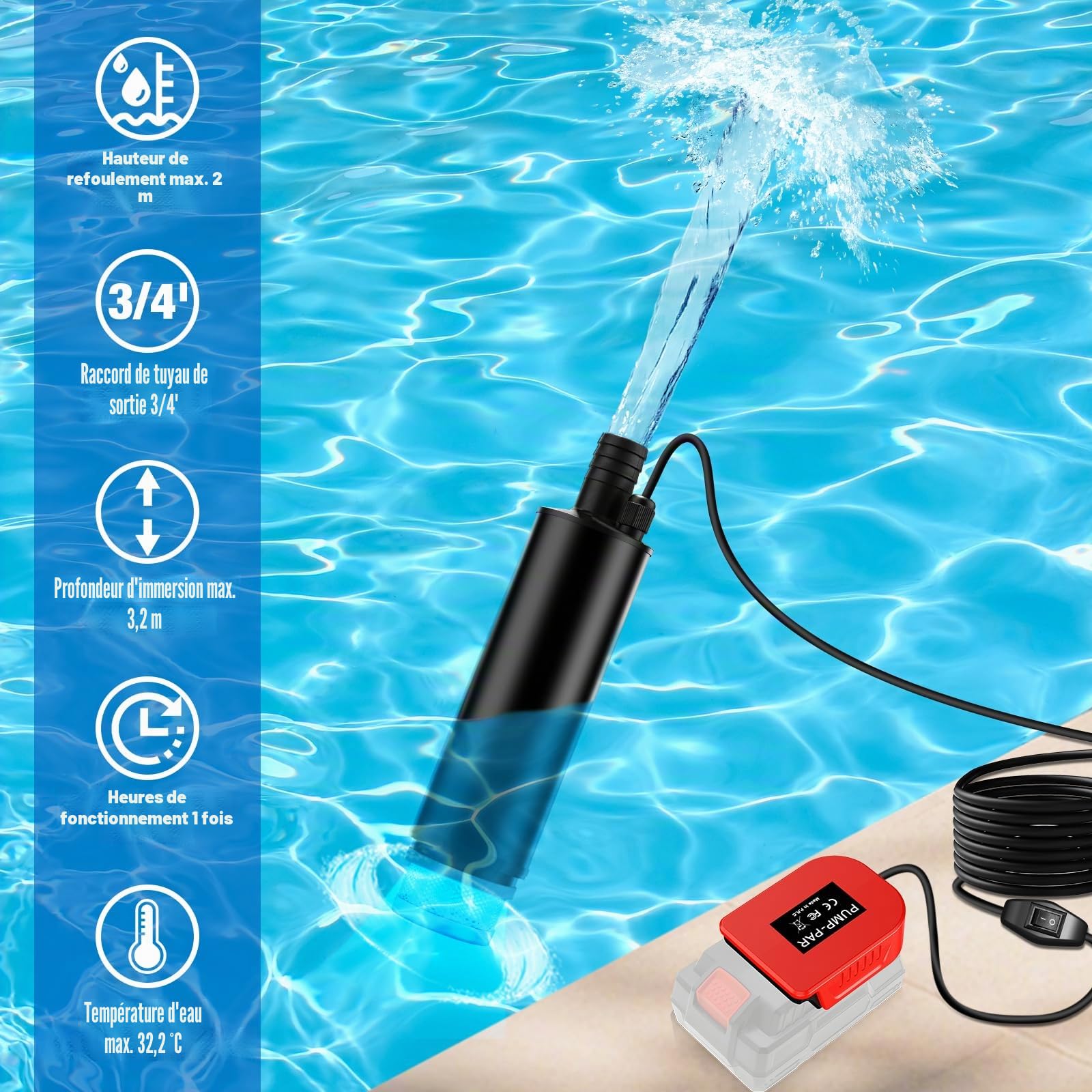 Pompe à eau portable, pompe de puisard compatible avec batterie Parkside 20 V, vitesse de rotation à vide du moteur 4500 tr/min, débit 30 l/min, pompe à eau 120 W avec hauteur de refoulement 4,6 m (15