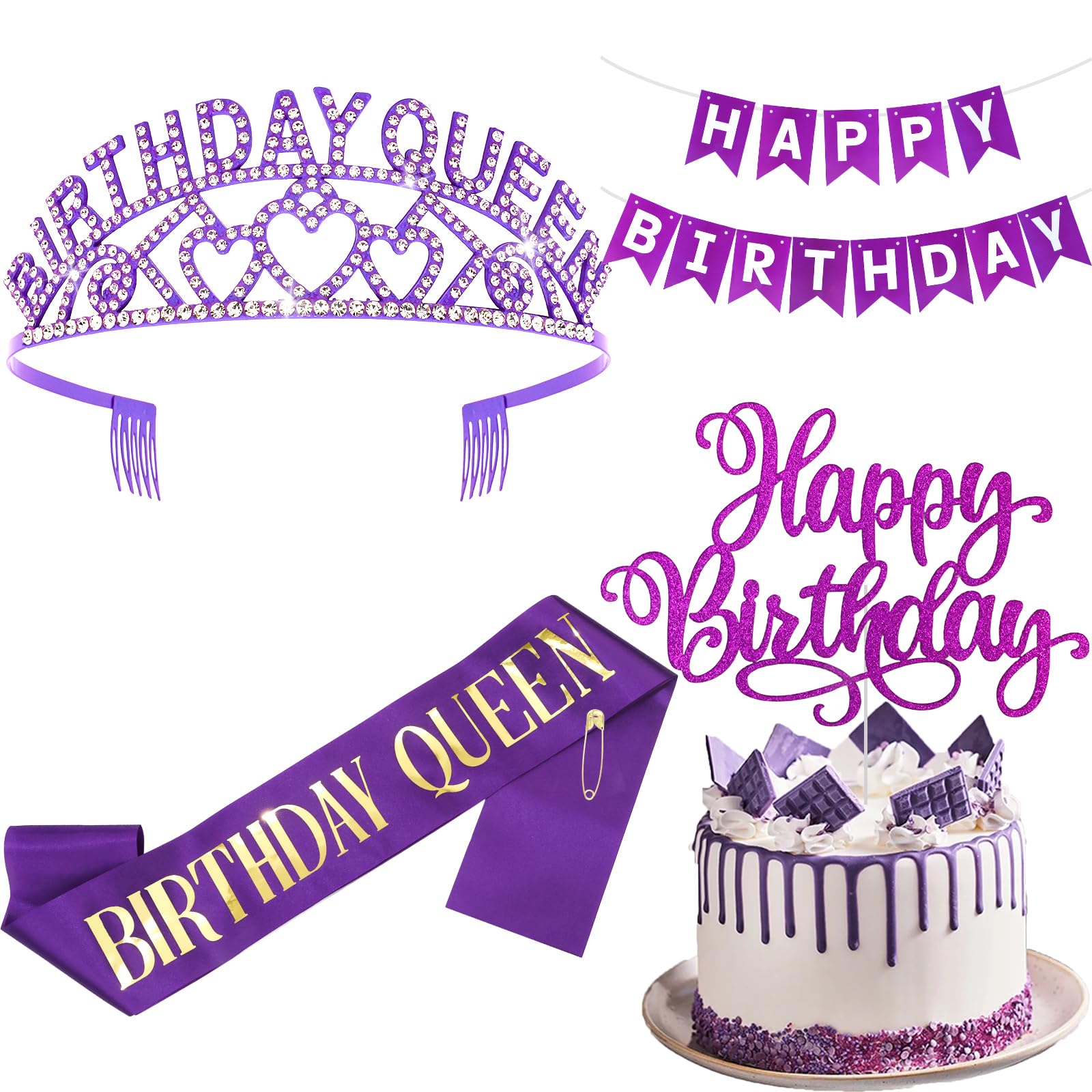 FASOTY Purple Birthday Decorations for Women Girls Party Decorations with Rhinestone Crown and Sash Happy Birthday Banner Cake Topper Girls Party Decor Supplies