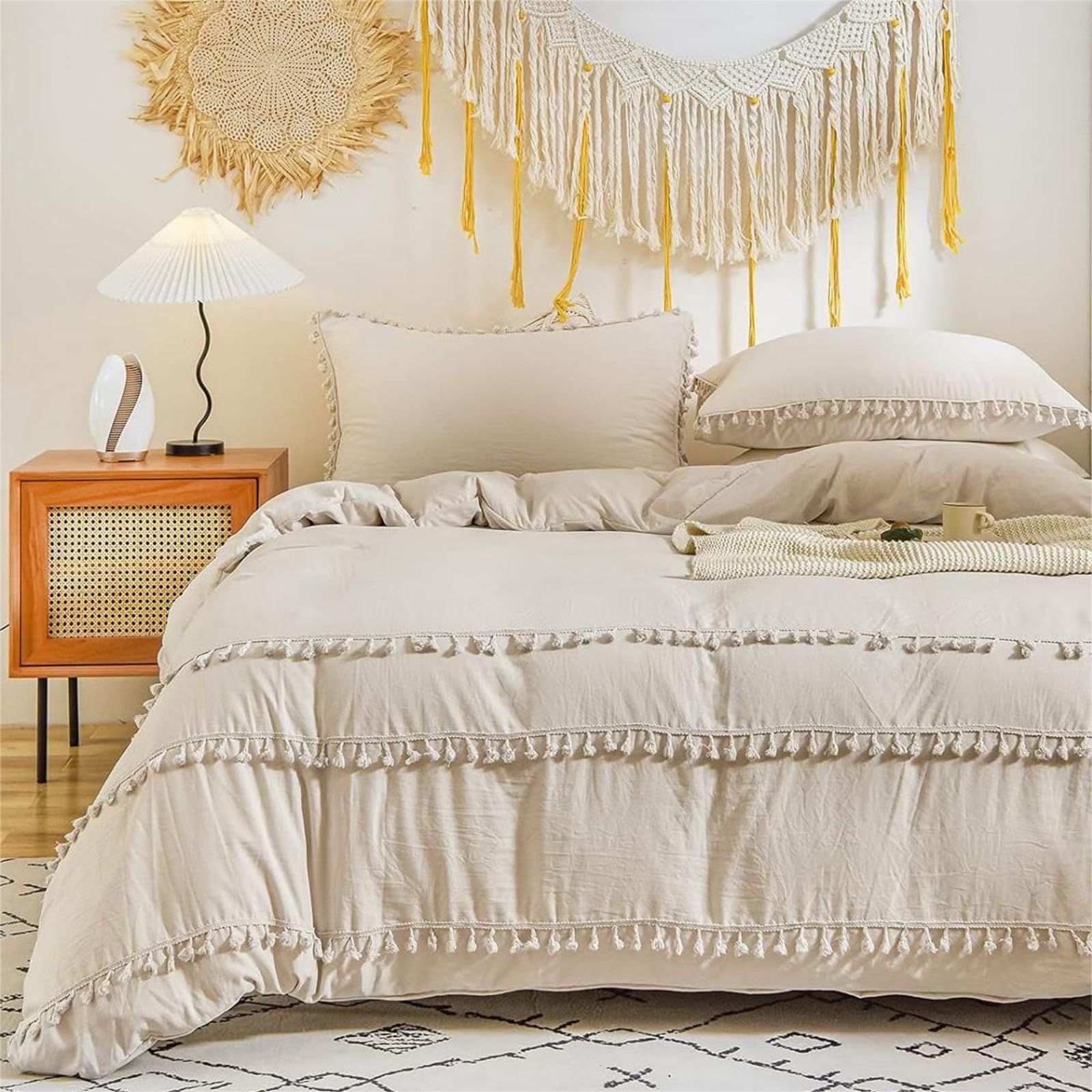 Freyamy Boho - Funda nórdica de 220 x 240 cm y 2 fundas de almohada de 65 x 65 cm, diseño de flecos, color beige bohemio, juego de funda nórdica de 2 personas, para adulto, niña, 100% microfibra,