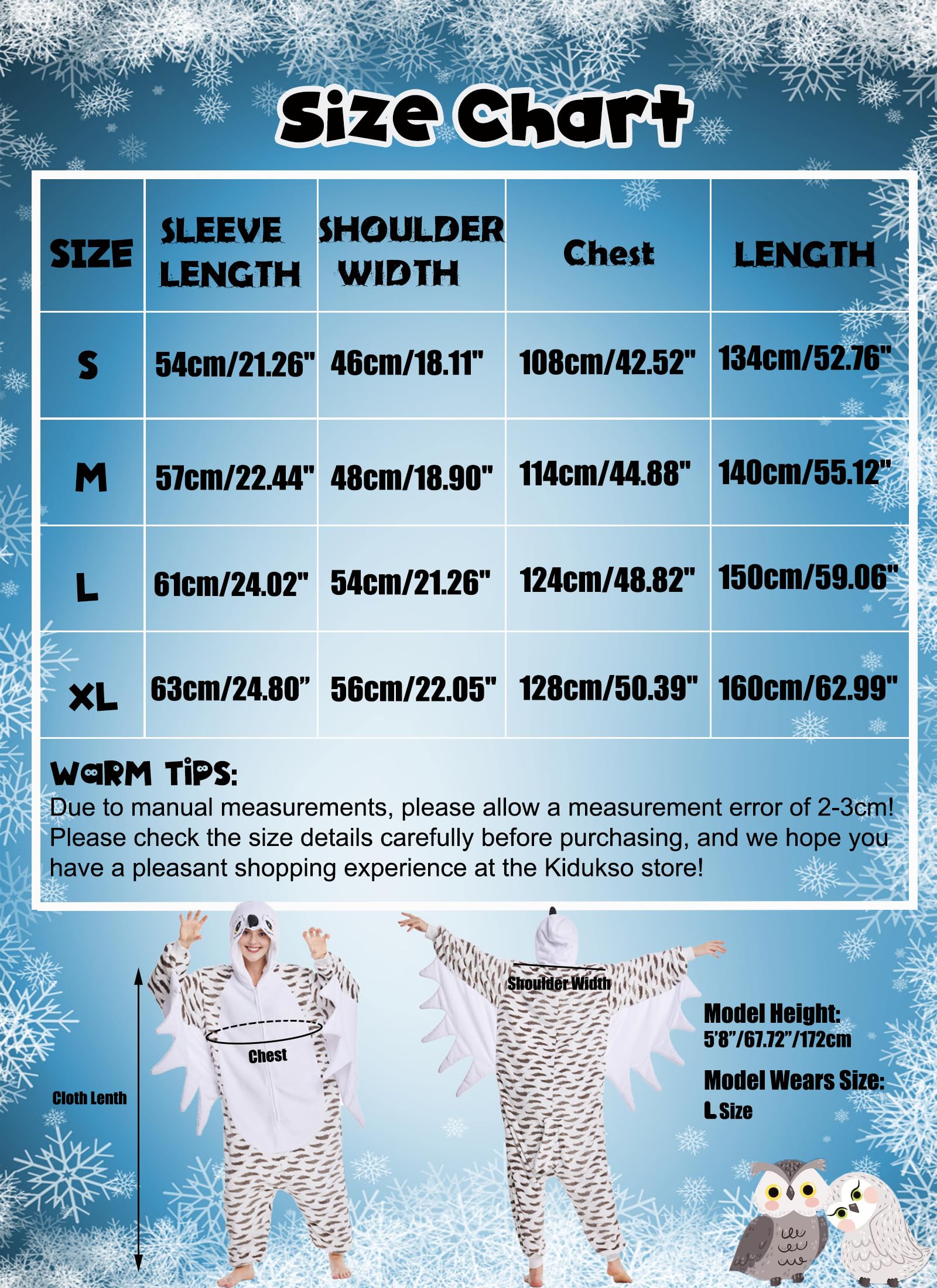 Kidukso Pijama de búho para adultos, diseño de búho, pijamas, Navidad, carnaval, color blanco