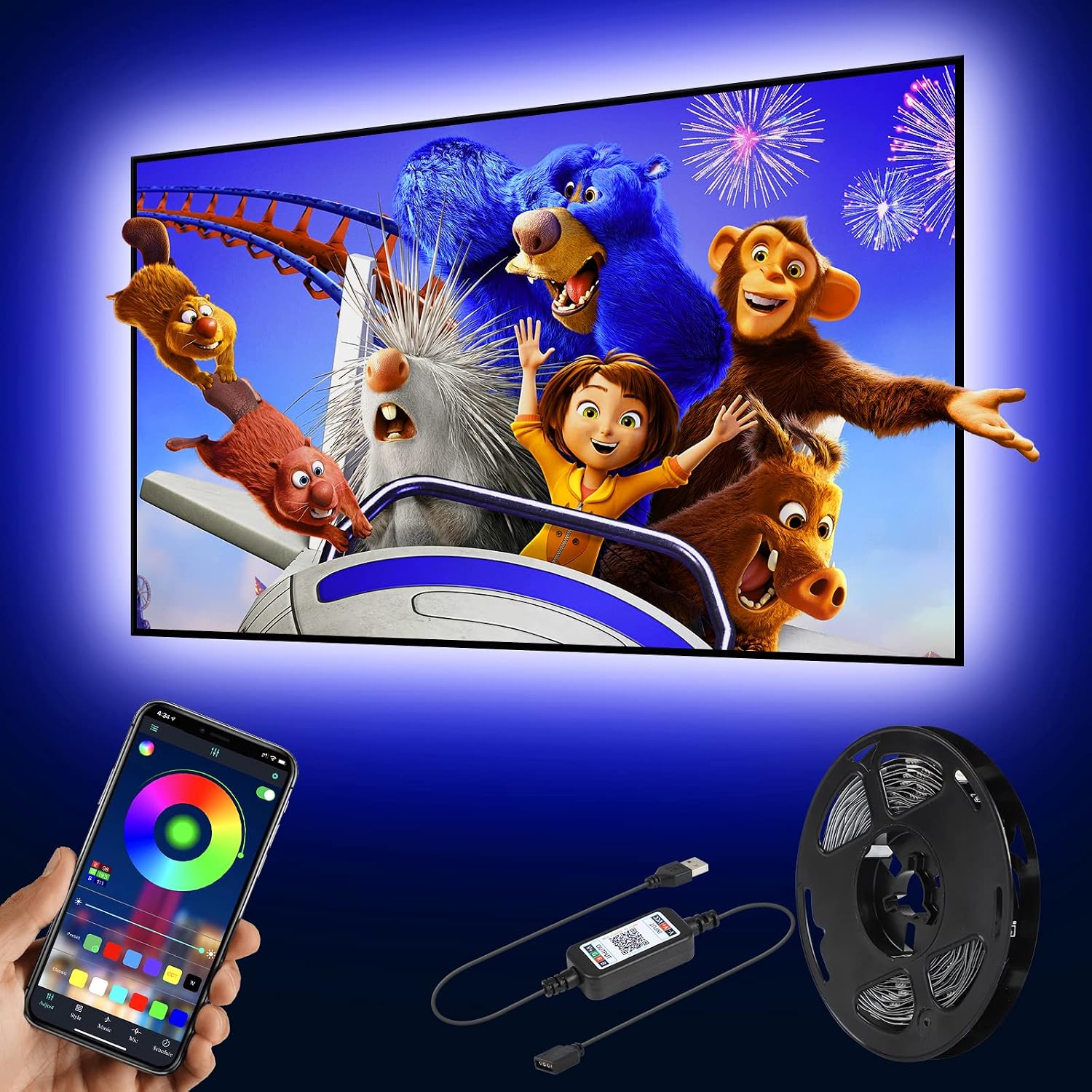 CT CAPETRONIX TV LED Backlights, 13.12ft USB RGB Strip Lights Kit, 5050 LEDs Lighting Music Sync Color Changing with APP Control for iOS Android for TV/Monitor Sizes 60-75inch