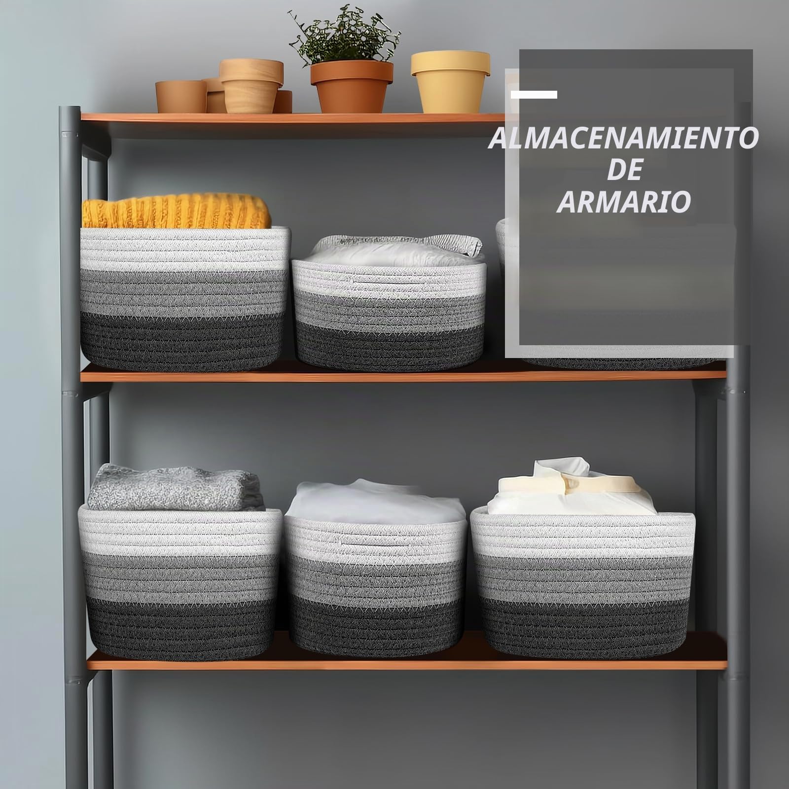Verdenu Cestas Almacenaje Tejidas con Cuerda de Algodón Juego de 5, Cestas Organizadoras con Mango, Cestas organizadores para baño para baño infantil, dormitorio, vestuario (Gradiente Gris)