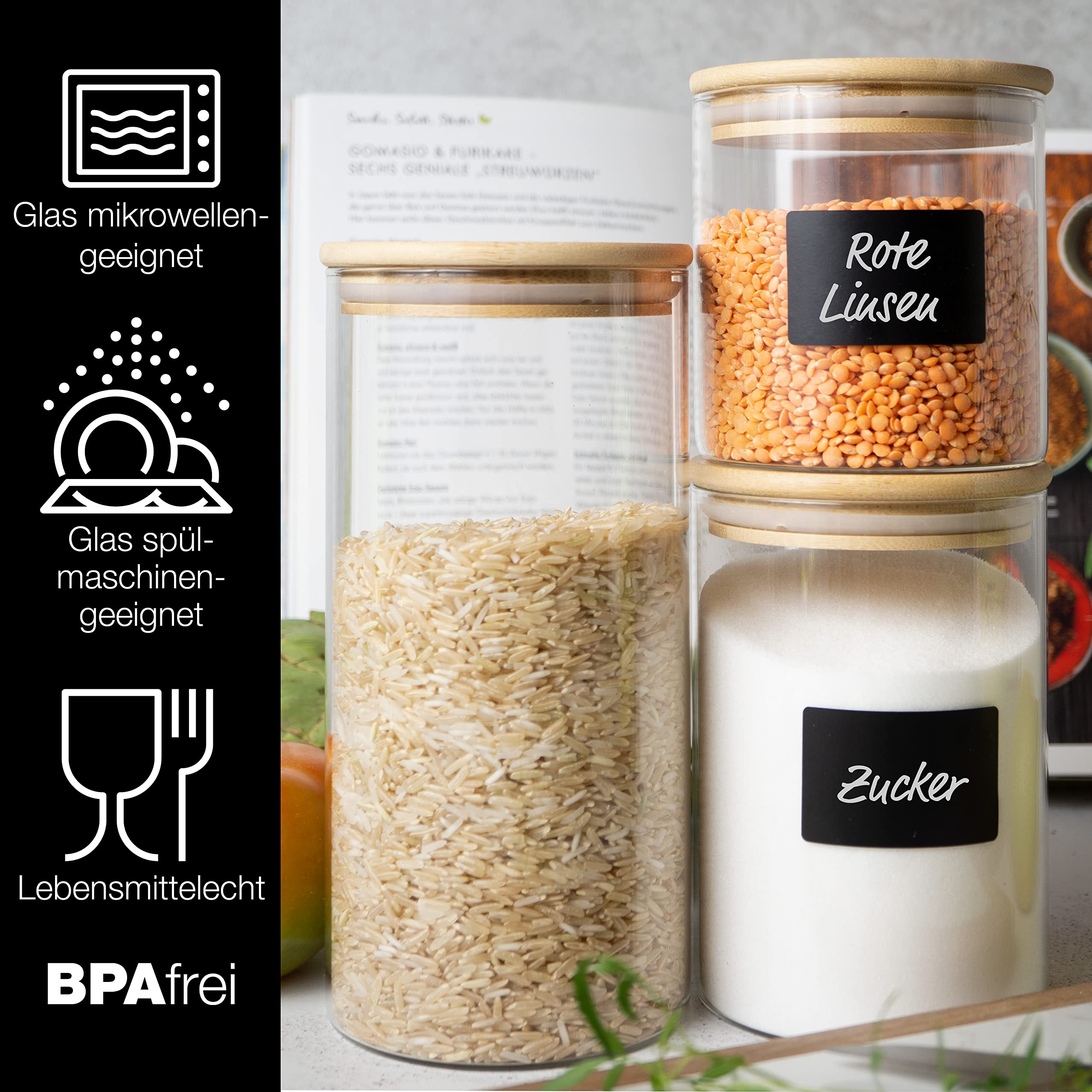 Moritz & Moritz 12x Vorratsgläser mit Deckel Set 4x 1500 ml 4x 750 ml, 4x 500 ml - 12x Vorratsdosen Glas mit Deckel luftdicht aus Bambus - Als Aufbewahrungsgläser Küche