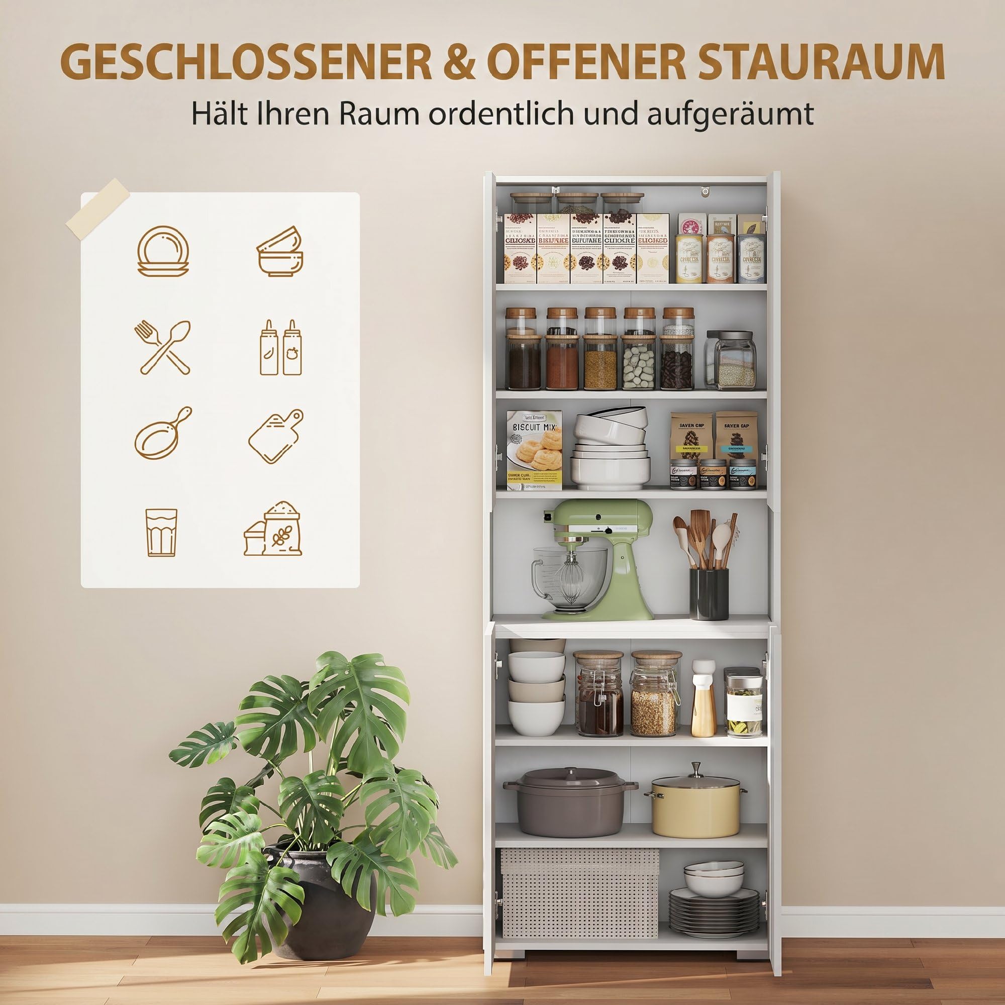 HOMCOM Küchenschrank Vorratsschrank Hochschrank mit Offenem Fach, 4 Türen, Verstellbaren Einlegeböden, Mehrzweckschrank mit Soft-Close-Funktion, für Esszimmer, Hochglanz Weiß 68x34x180cm