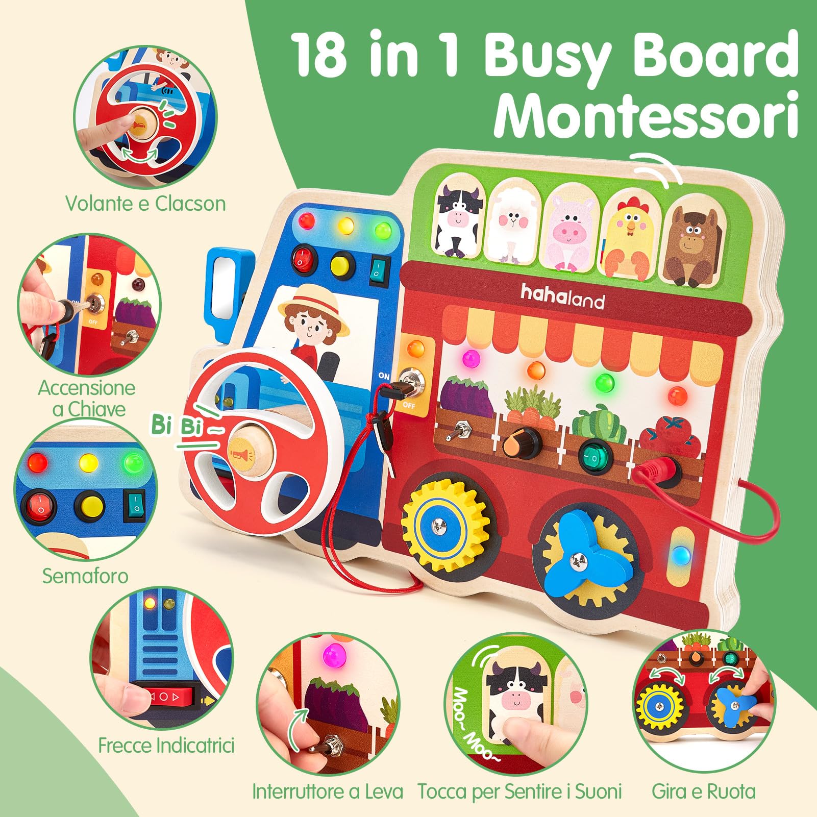 hahaland Busy Board in Legno 2 Anno, Montessori Lavagna attività da Fattoria con luci LED e Suoni, Giochi Legno Giocattolo Educativo Sensoriale Regalo Bambino 2 3 4 Anni