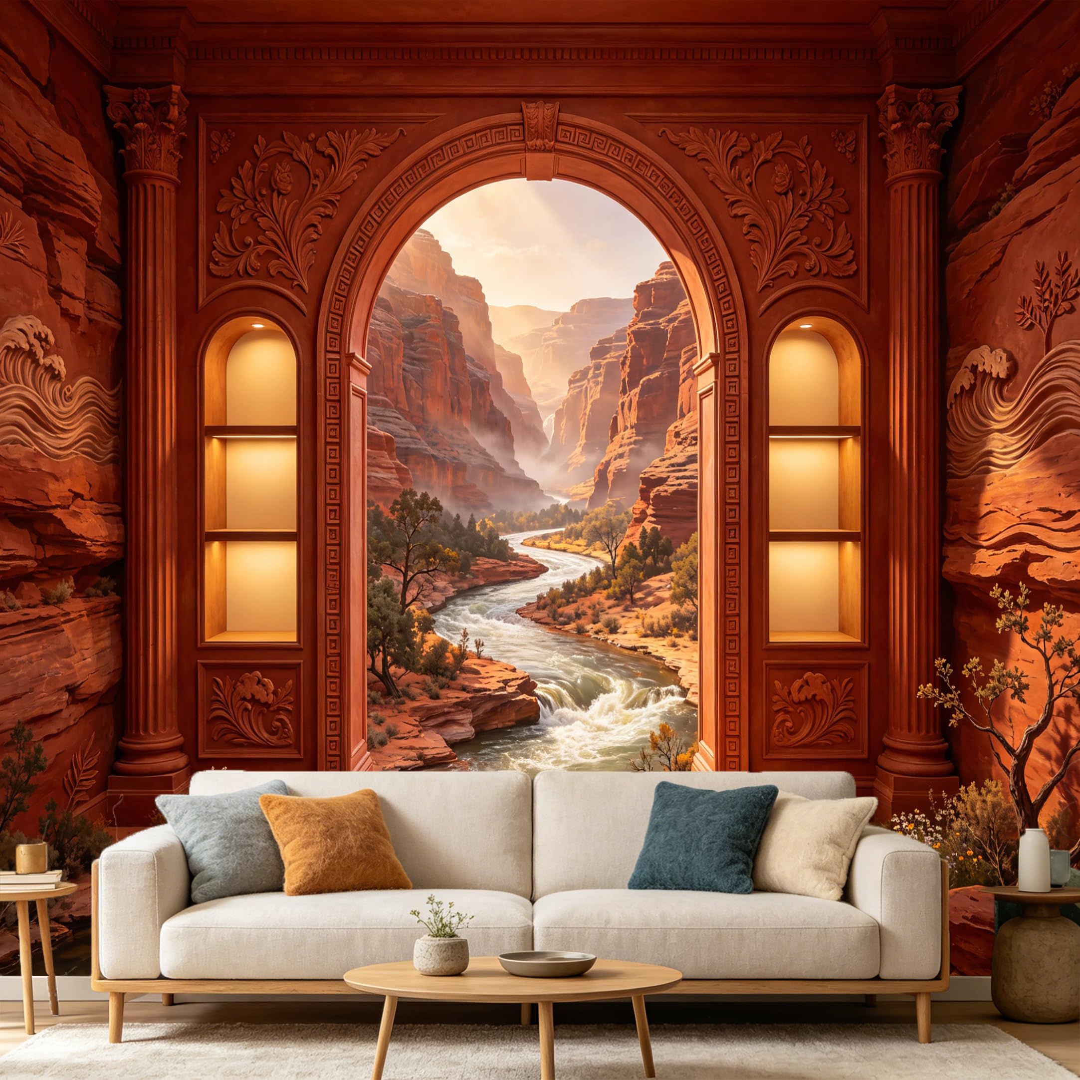 Custom Size Wall Mural， 3D Canyon River Archway Landscape， SelfAdhesive Art Prints wall Fabric Removable Large Wallpaper Home Living Room Decor， Wall Backdrop Mural