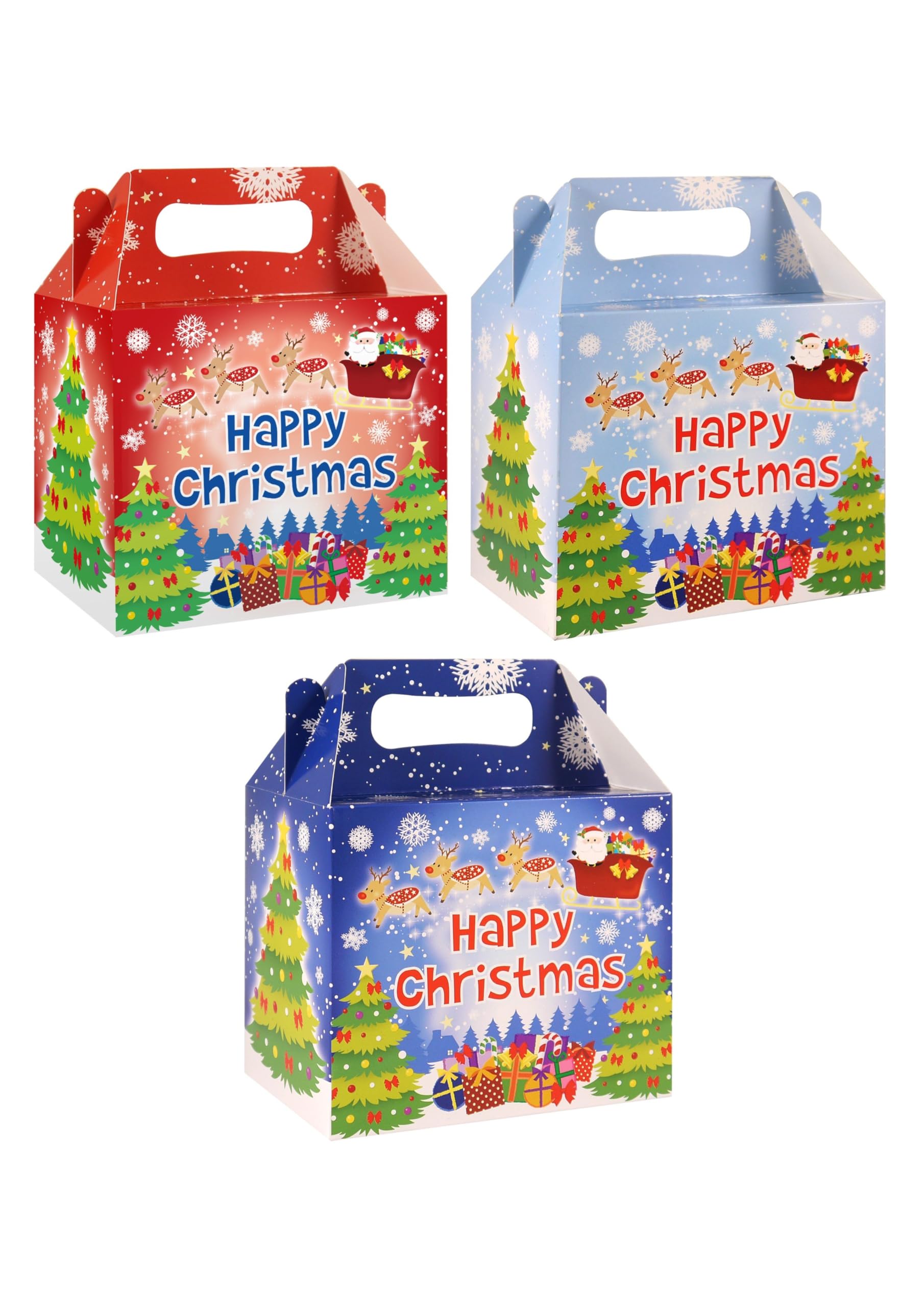HENBRANDT 12 x Happy Christmas Medium Party Lunch Boxes for Christmas Parties Xmas Dinner Food Box Gift Box Party Favours Goodies Treats Empty Cardboard Packaging for Boys and Girls