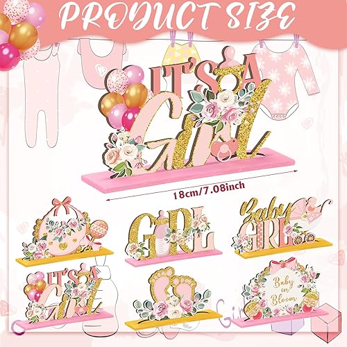 Vista 2 de 6 Pcs Floral Baby Shower Table Wooden Centerpieces Baby in Bloom Table Display with Letters Pink Rose Gold Floral It's a Girl Gender Reveal for Girl
