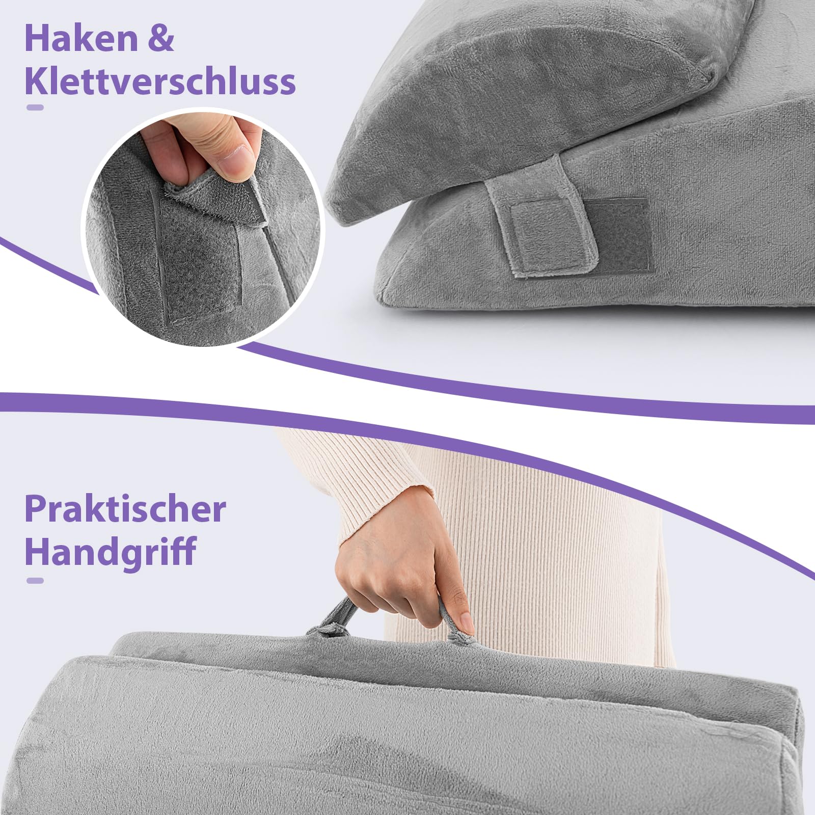 GOPLUS 3-teiliges Keilkissen-Set, Rückenkissen mit Abnehmbarer Nackenrolle & waschbarem Bezug, Rückenkissen mit Memory Foam, Rückenstütze, Lesekissen für Bett und Sofa (Grau)