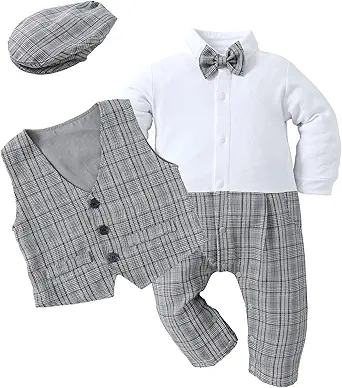 HOSUKKO Baby Boy Suit, One-Piece Romper & Vest & Beret & Bowtie (0-24 Months)