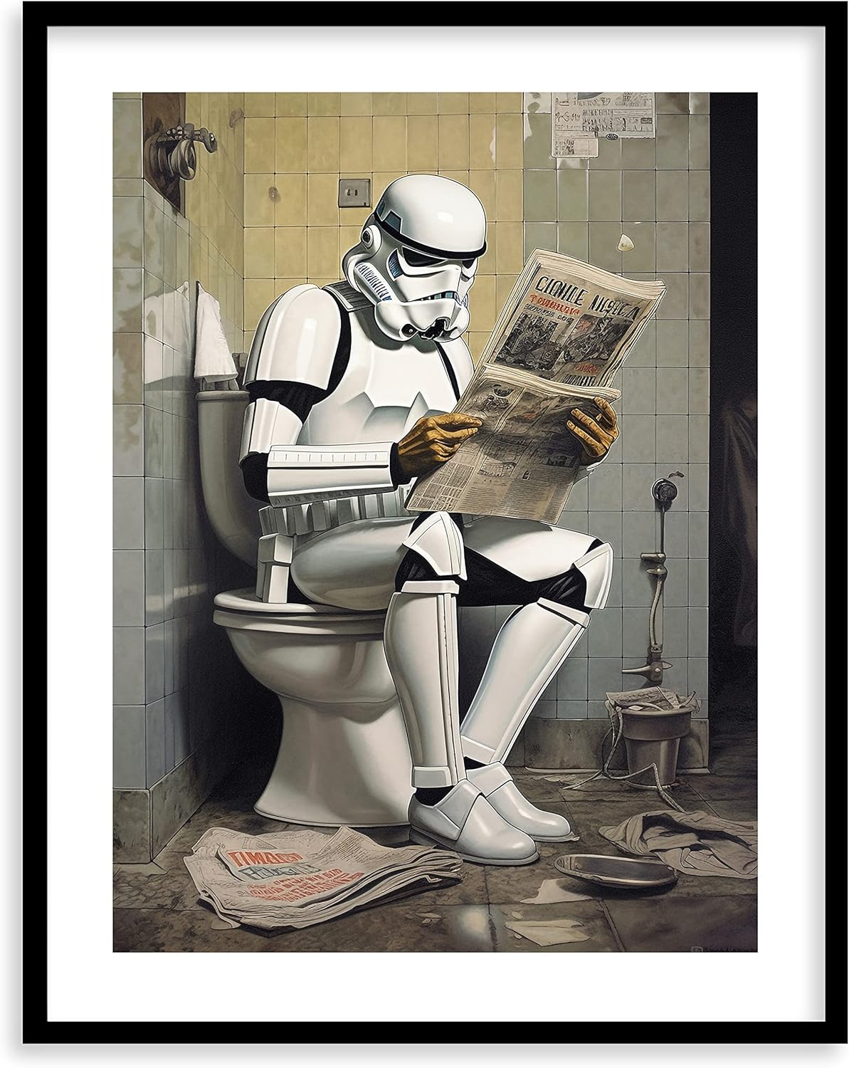 Star Wars Bathroom Décor Art Print - Premium Giclee Fine Art Print - Aesthetic Modern Vintage Painting Style Darth Vader Stormtrooper Yoda Print Poster for Bathroom Wall Decor, Ready to Frame