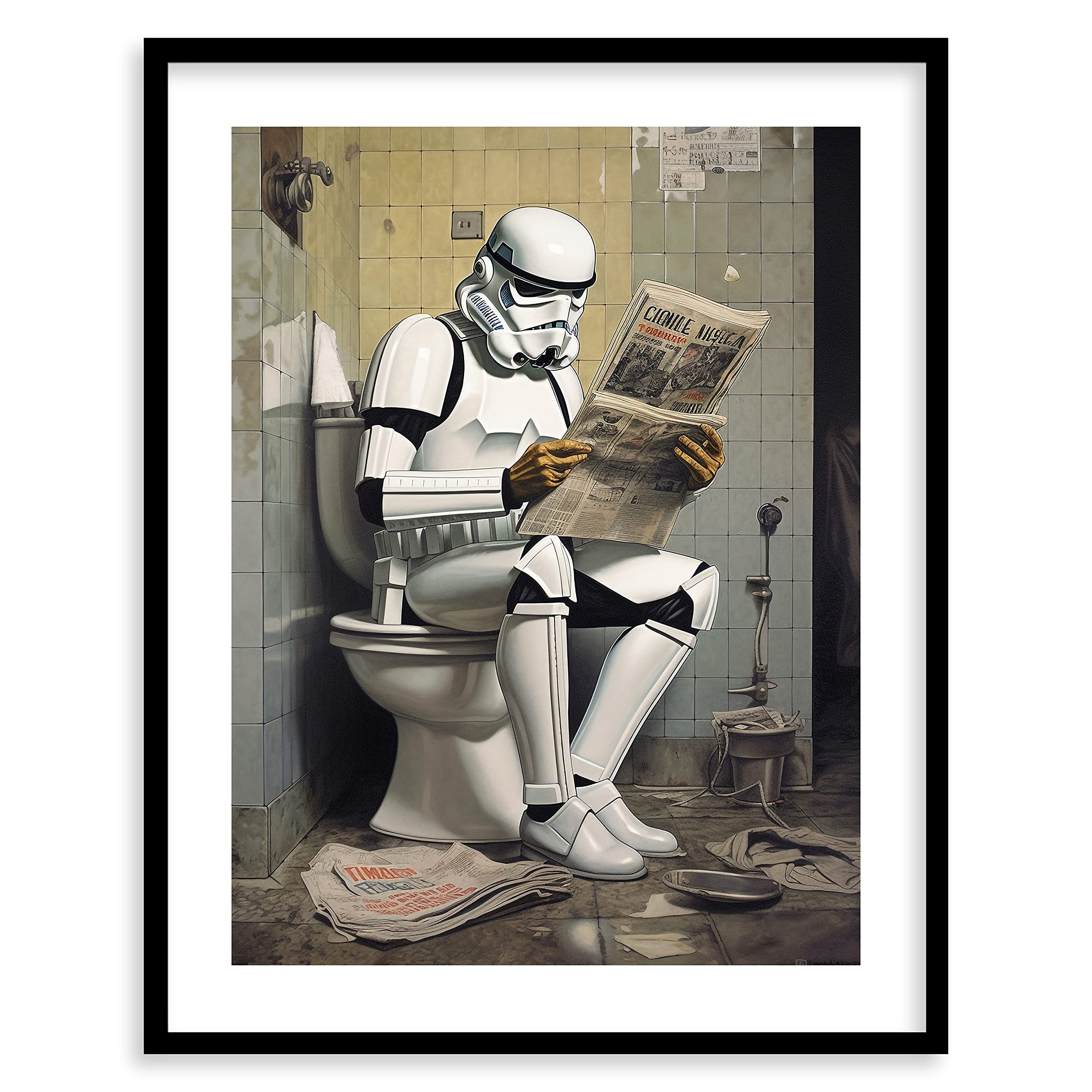 Star Wars Bathroom Décor Art Print - Premium Giclee Fine Art Print - Aesthetic Modern Vintage Painting Style Darth Vader Stormtrooper Yoda Print Poster for Bathroom Wall Decor, Ready to Frame