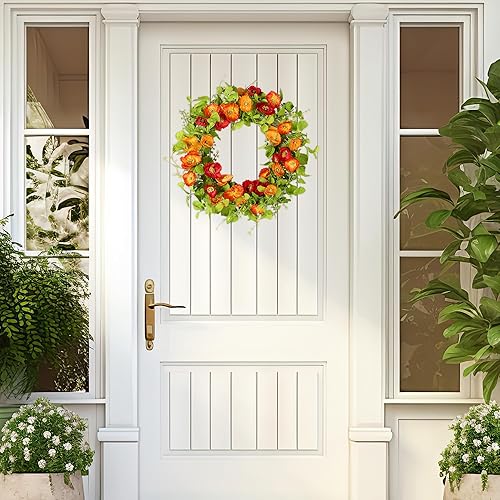 Miniatura 6 de YNYLCHMX Coronas de primavera de 18 pulgadas para puerta delantera, corona de verano con hojas de eucalipto verdes, dicotiledones y bayas blancas,