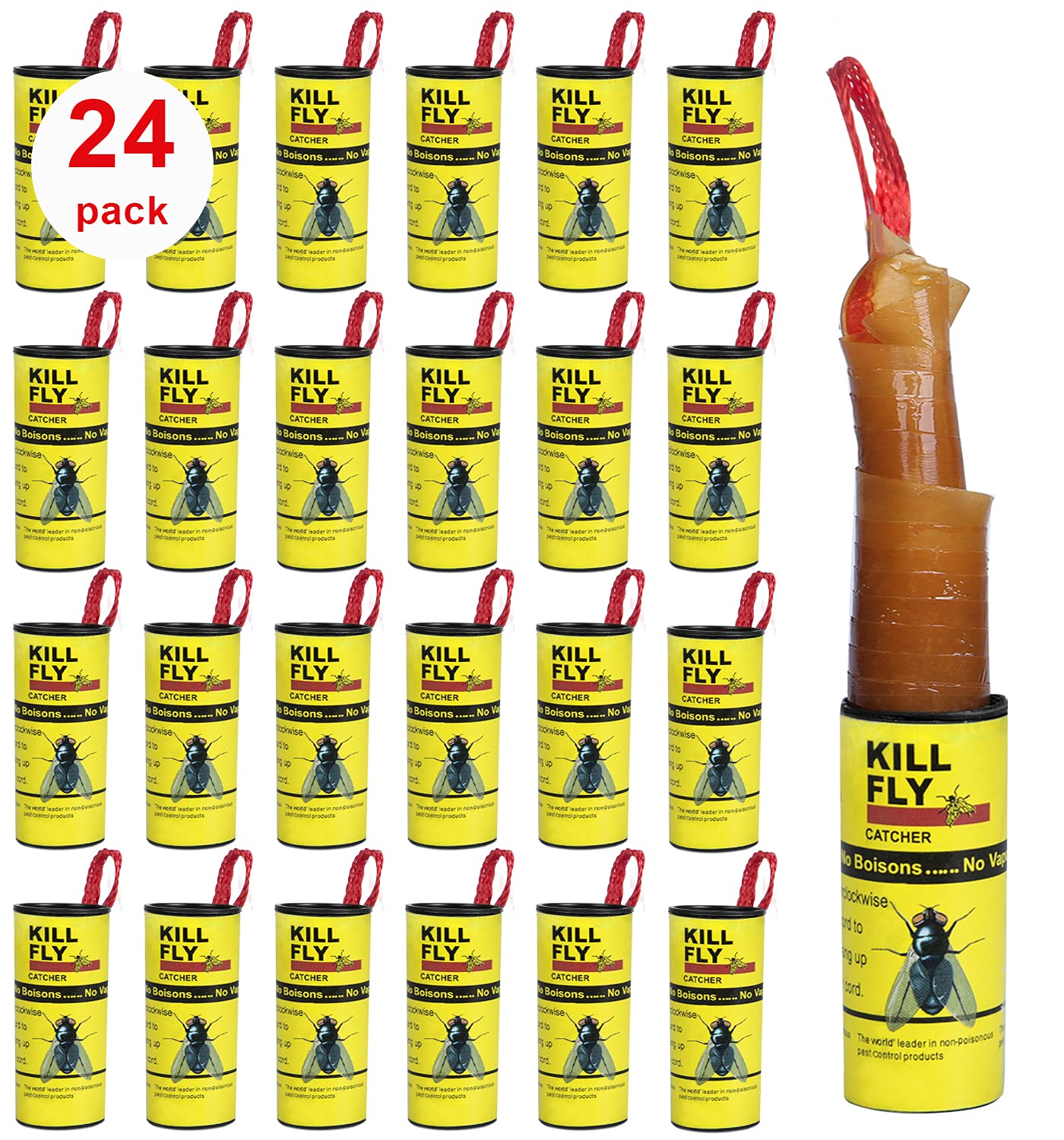 Dwcom 24 Pack Sticky Fly Traps Hanging, Fly Ribbon, Fly Tape Fruit Fly Paper Strips Catcher Gnat Flies Mosquito for Indoor Outdoor