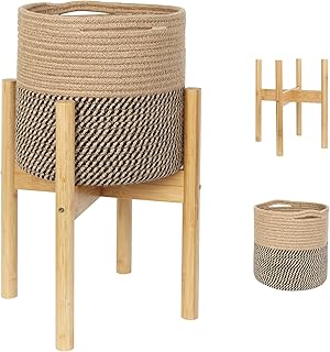 Plant Basket with Stand, Indoor Round Wicker Basket Plant with Bamboo Wood Stand, Decorative Woven Rope Flower Indoor Planter with Legs, Boho Bamboo Wood Planter Holder (Jute Black Stripes)