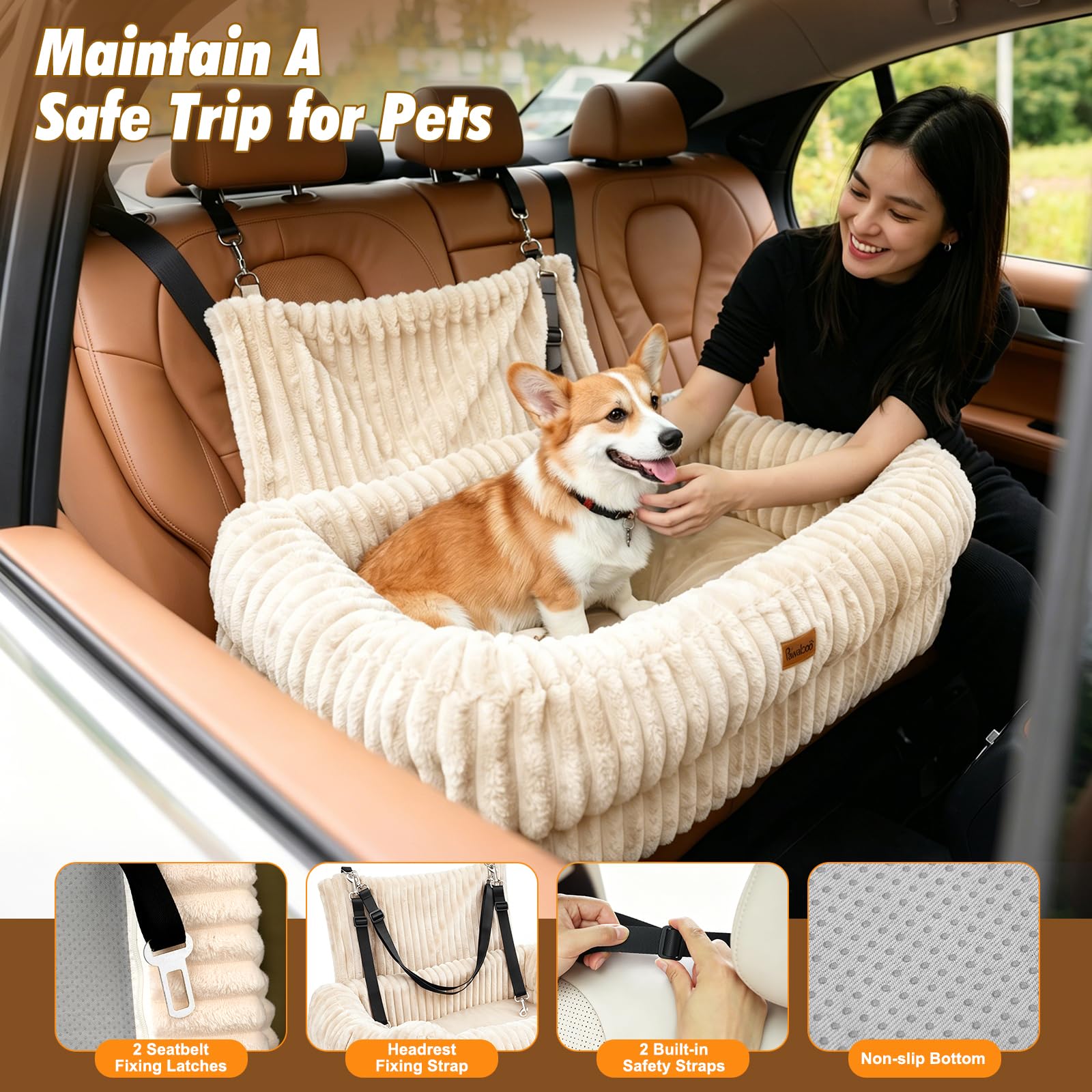 Pawaboo Dog Car Seat – Memory Foam Booster with Thickened Cushion, Washable Removable Cover, Safety Leashes, łóżko podróżne dla zwierząt domowych, dla średnich dużych psów lub 2 małych psów, beżowe