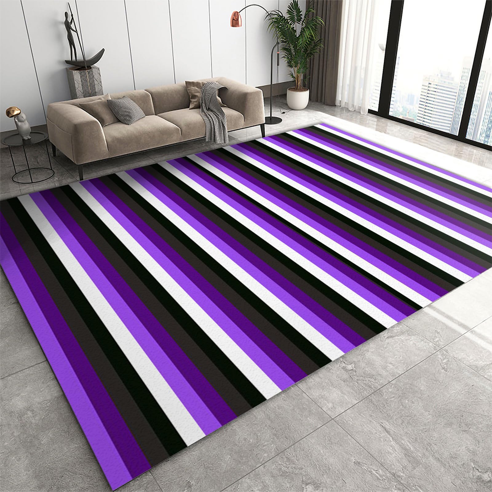FIEMAR Area Rug 60 x 90 cm Black Purple White Stripe Bedroom Carpet, Simple Non-shedding Floor Mats Non-slip Washable, Suitable for Halloween Living Room Dining Room Laundry Room Entryway Hallway