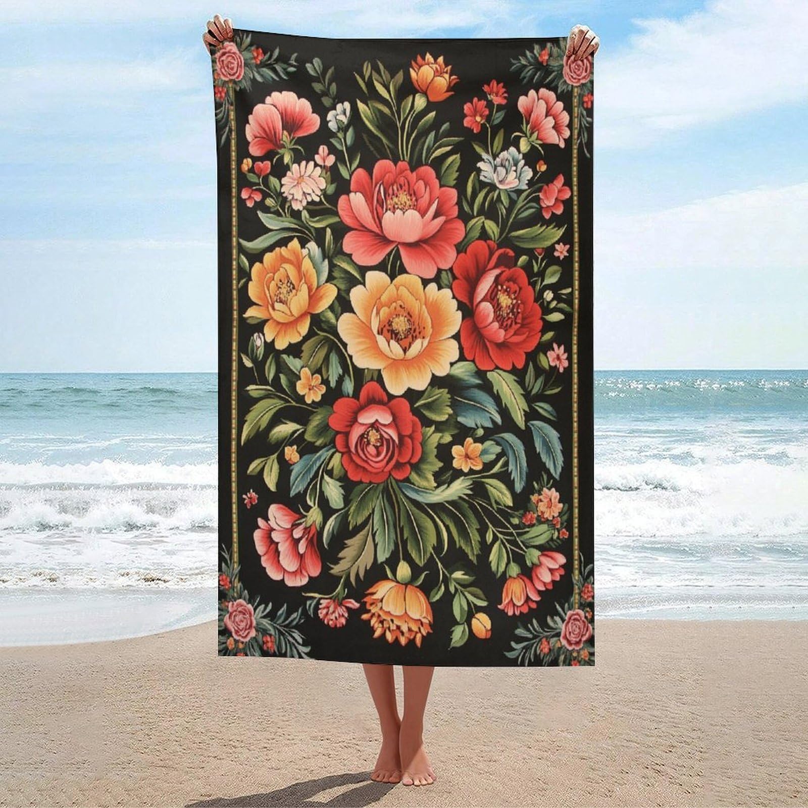 LSRCPD Colorful Flower Traditional Folk Art Beach Towel Sand Free Microfiber Large Shower Towels Multipurpose Absorbent for Bathroom Pool 130x80 CM