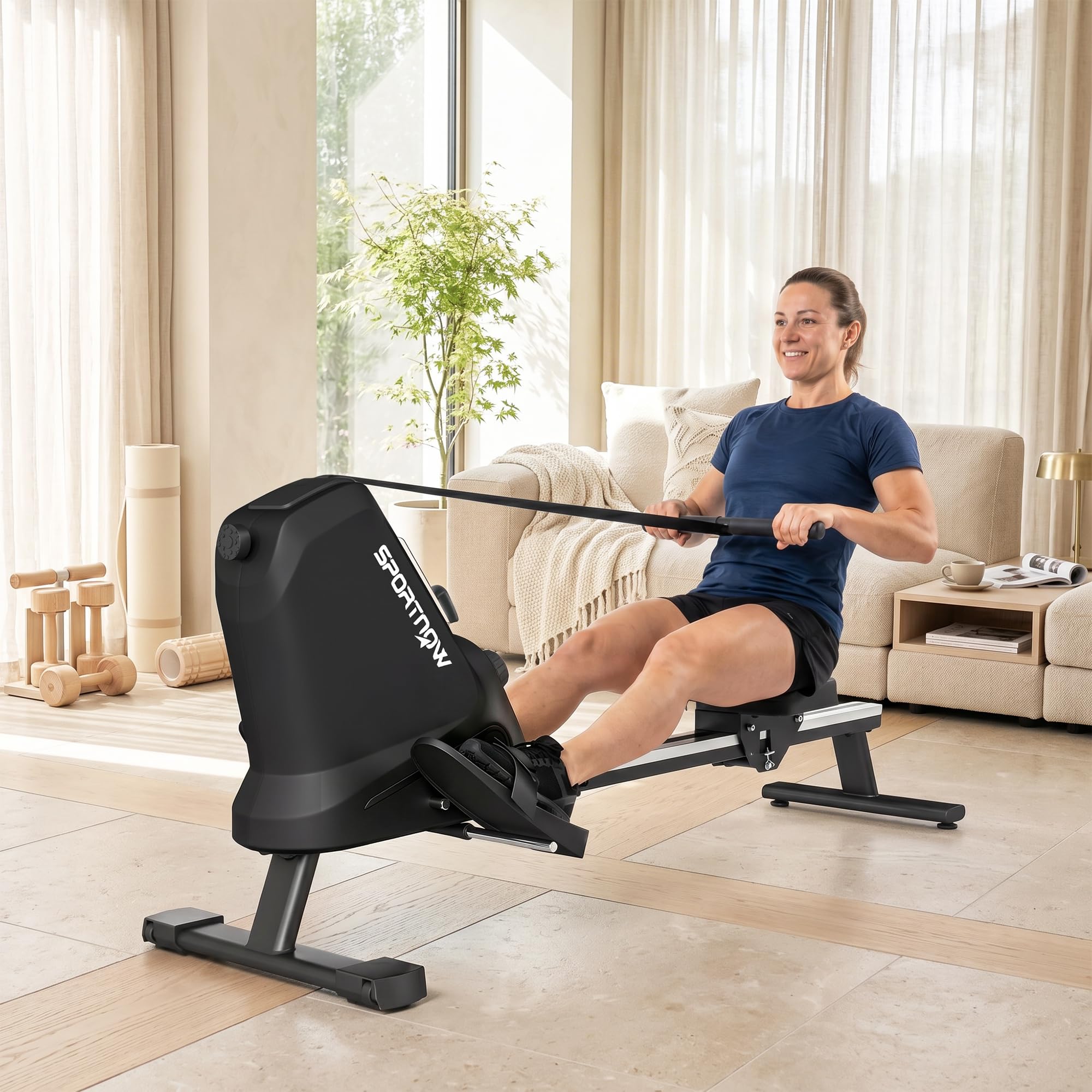SPORTNOW Vogatore per Casa, Vogatore Magnetico Silenzioso con 16 Livelli Resistenza, APP Bluetooth, Guida Alluminio, Display LCD, Portatelefono, Ruote, Stoccaggio Verticale Salvaspazio, Max 130 kg