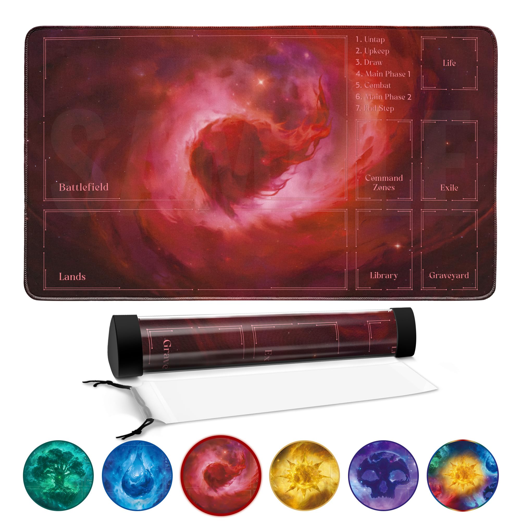 FROGIGO Stellar Mountain Playmat for MTG – 24"x14" Red Lava Galaxy Game Mat with Play Zones & Prismatic Playmat Tube, Non-Slip Rubber for Magic The Gathering