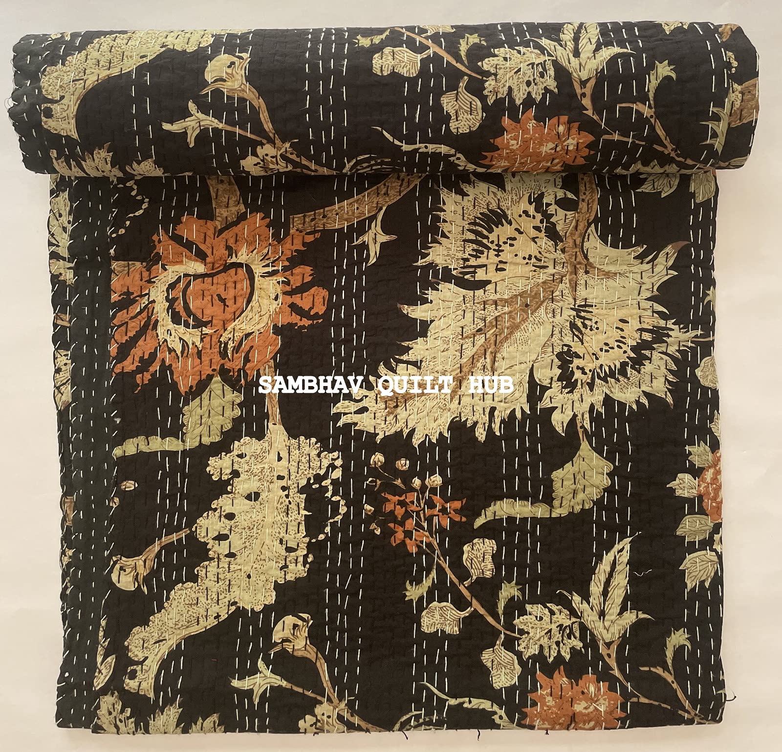 Handmade Cotton Kantha Quilt - Hippie Floral Block Print, Vintage Bohemian Throw Blanket | Queen/King Size 90"x108"