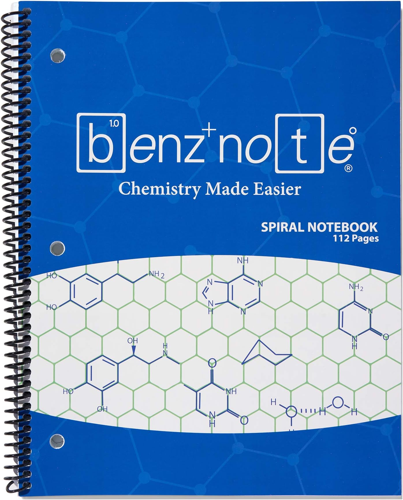 BENZNOTE, Spiral Notebook, for Organic and Biochemistry, 8-1/2" x 11", Hexagonal Graph Rule, Green Lined, 3-Hole Punched, Perforated Edges, 112 Pages