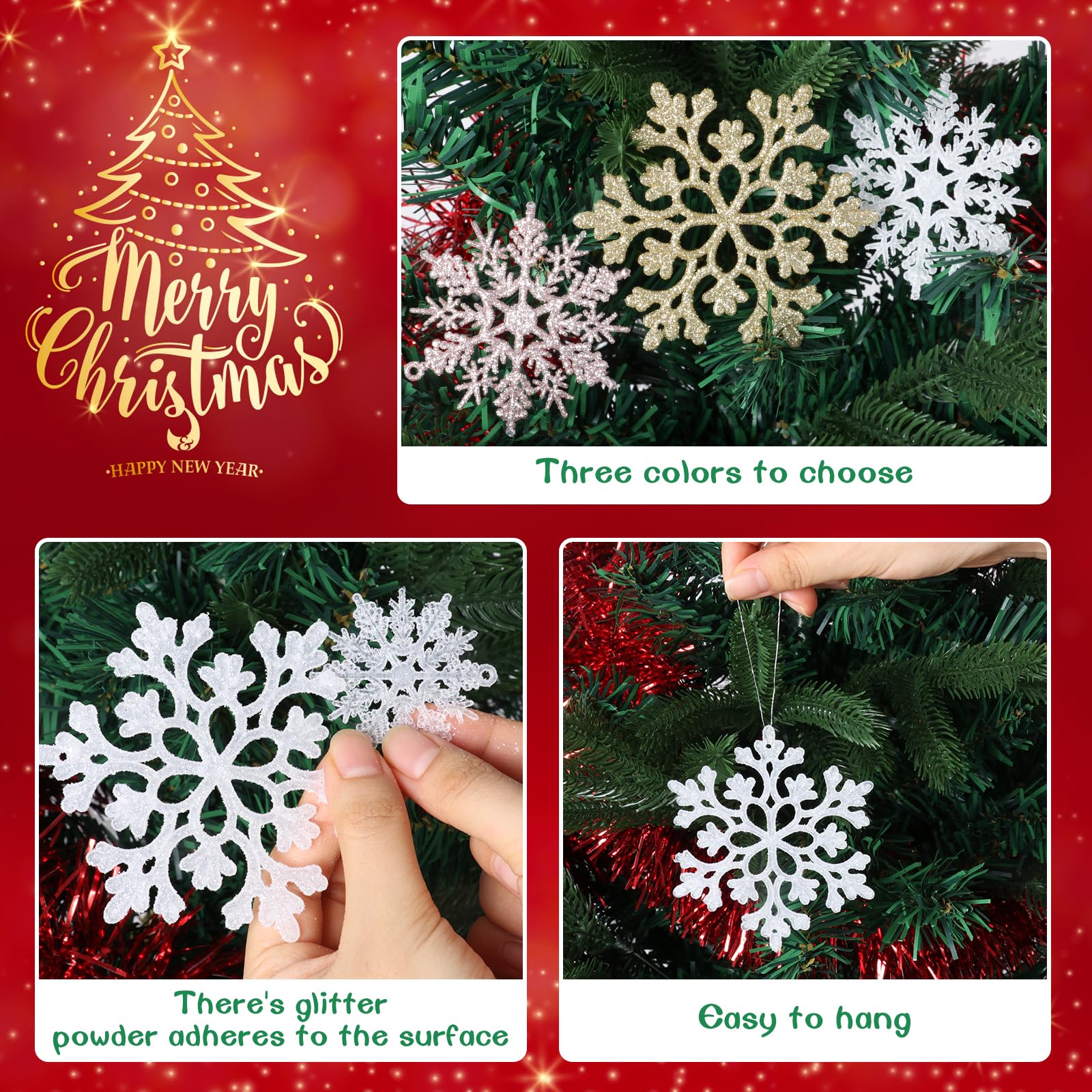 36 adornos de copo de nieve blancos para árbol de Navidad, decoraciones de copos de nieve de plástico con purpurina, copos de nieve de Navidad, adornos de Navidad de copo de nieve, adornos de copos de
