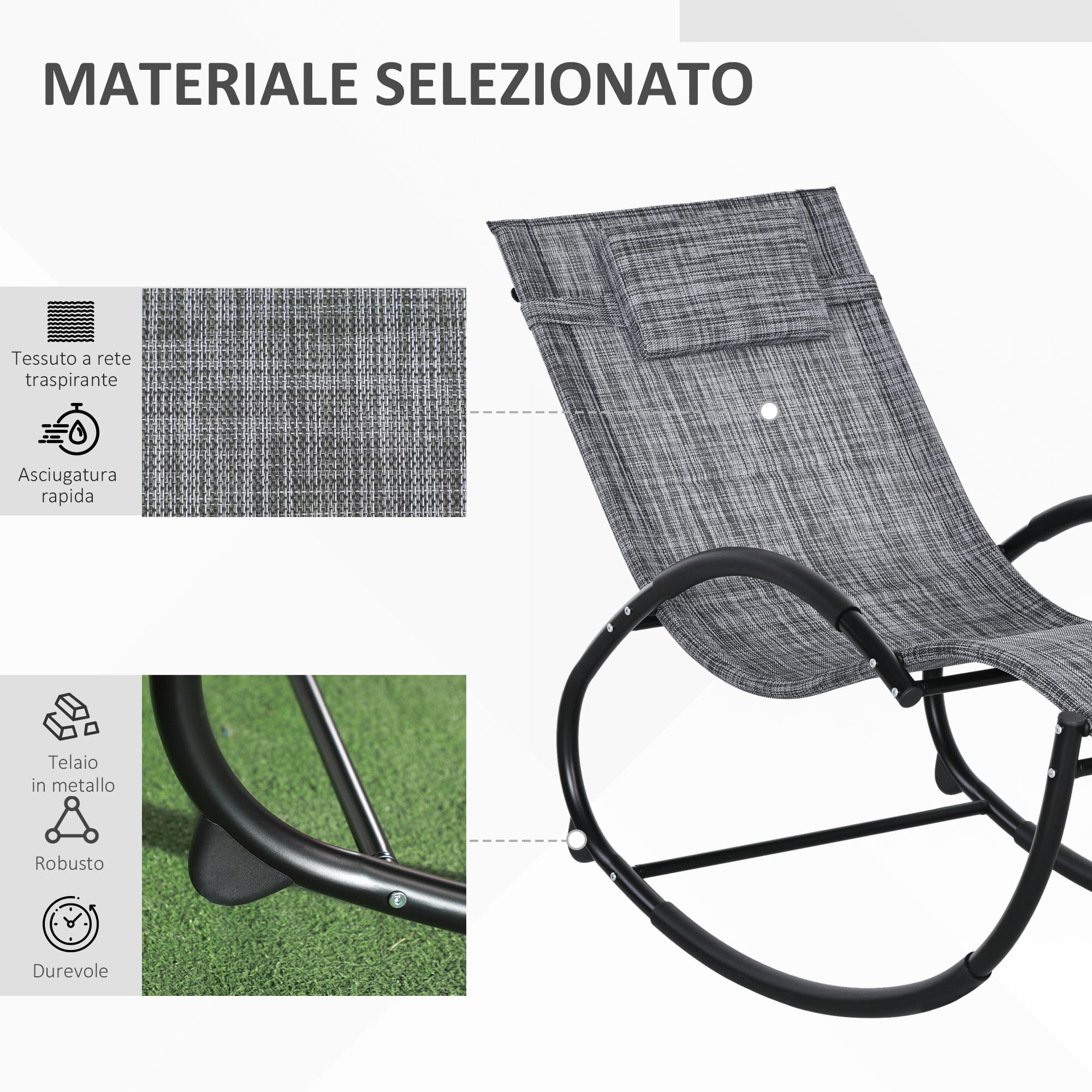 Outsunny Sdraio a Dondolo Zero-Gravity da Giardino, Lettino Prendisole Impermeabile con Poggiatesta, 155 x 61 x 88 cm, Grigio