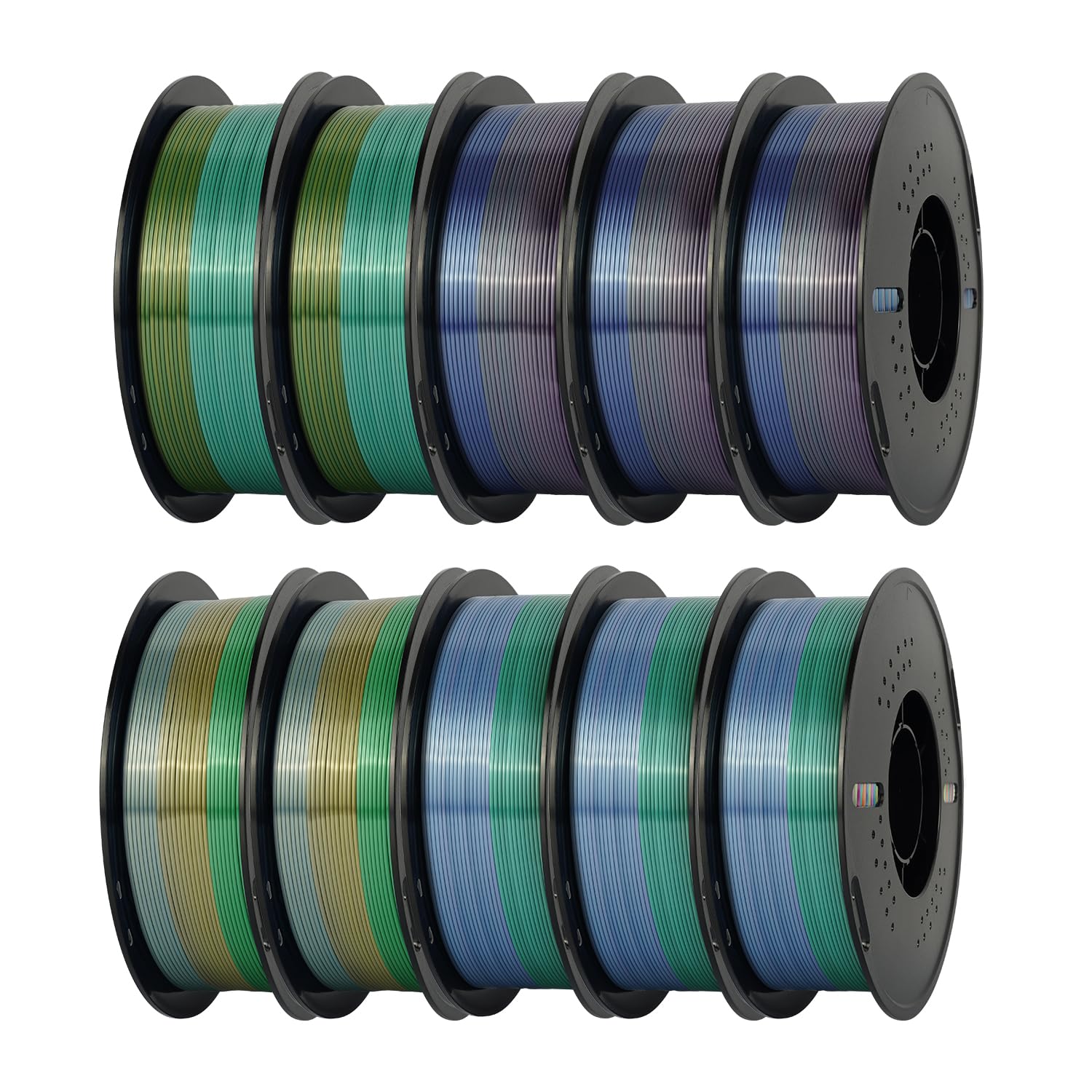 KingroonRainbow Silk PLA Filament 1.75mm 1kg Bundle, 10 Spools - 2x Green Yellow, 3x Purple Blue, 2x Green Blue, 3x Purple Gold