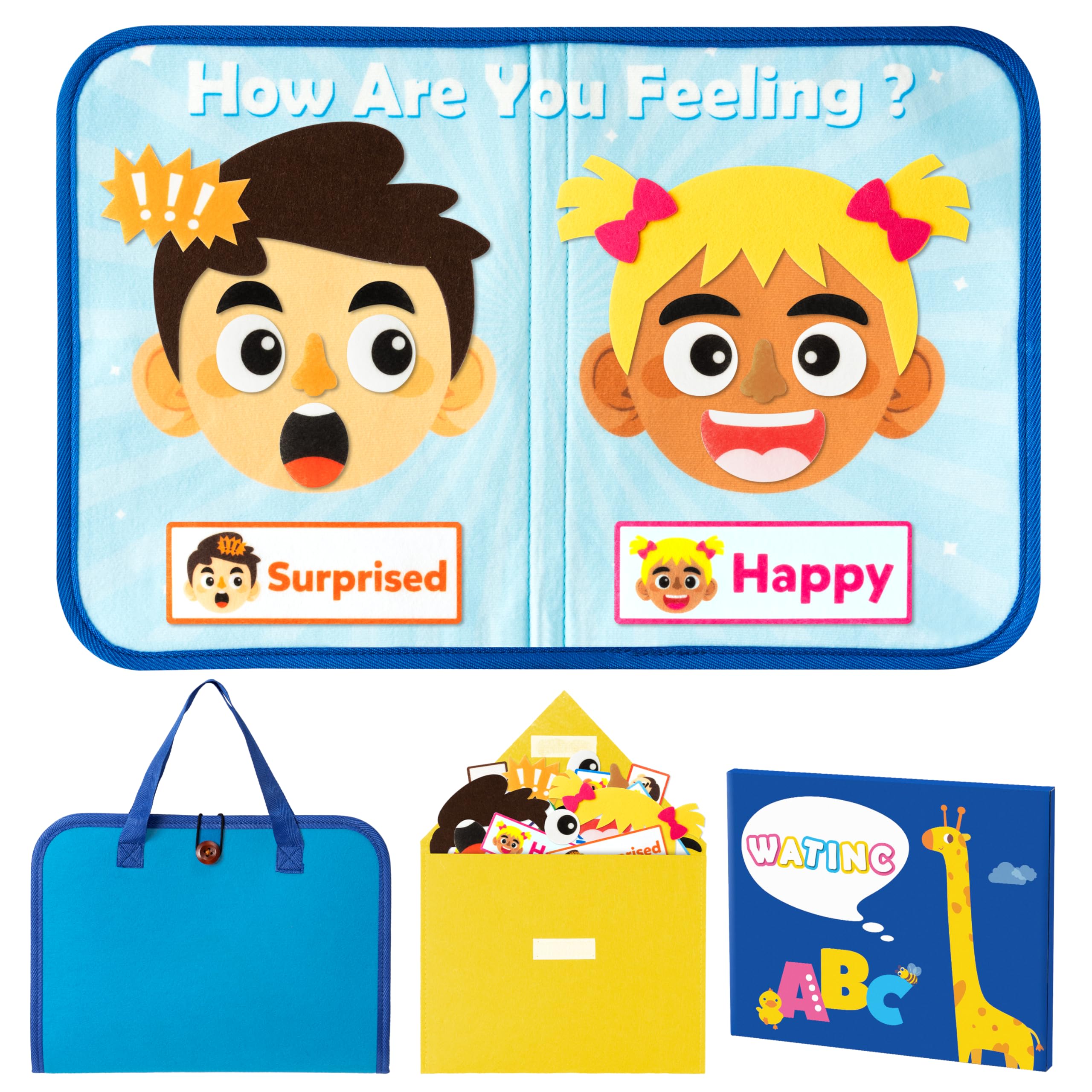 WATINC Travel Felt Board Story Set - 39PCS Portable Felt Board Educational Birthday Gift for Boys Girls, Themed Storytelling Preschool Early Learning Interactive Play Kit for Toddlers (Emotional)