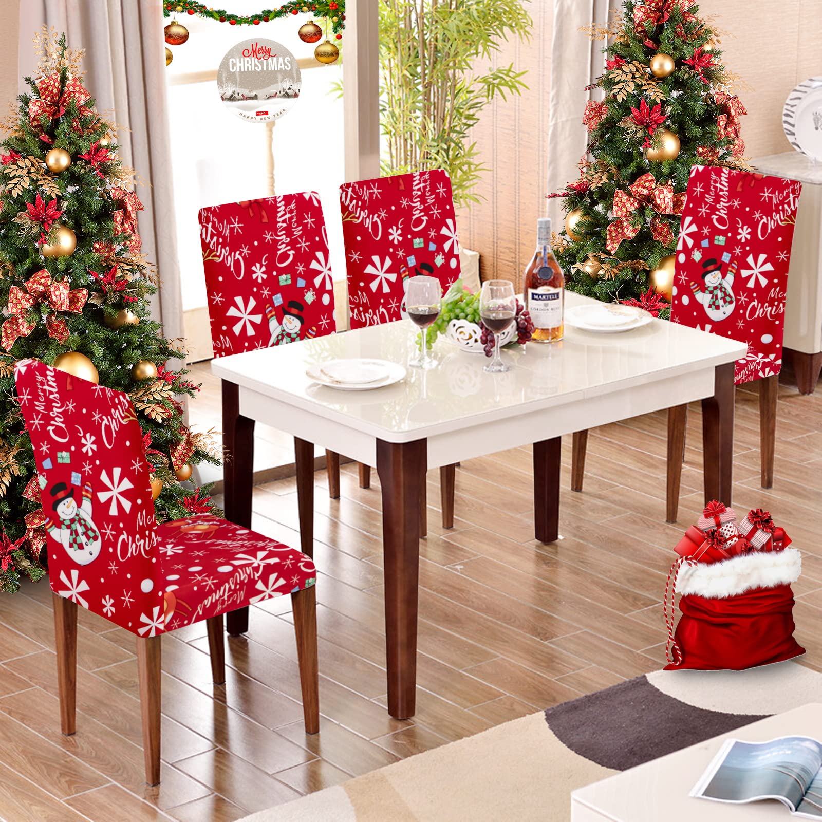 Jaotto Coprisedie Natalizie 6 Pezzi Coprisedia Elasticizzati con Schienale Fodere Coprisedie Universale per Sala da Pranzo Cucina Natale Coprisedia Lavabile Coperture per Sedie,Pupazzo di Neve