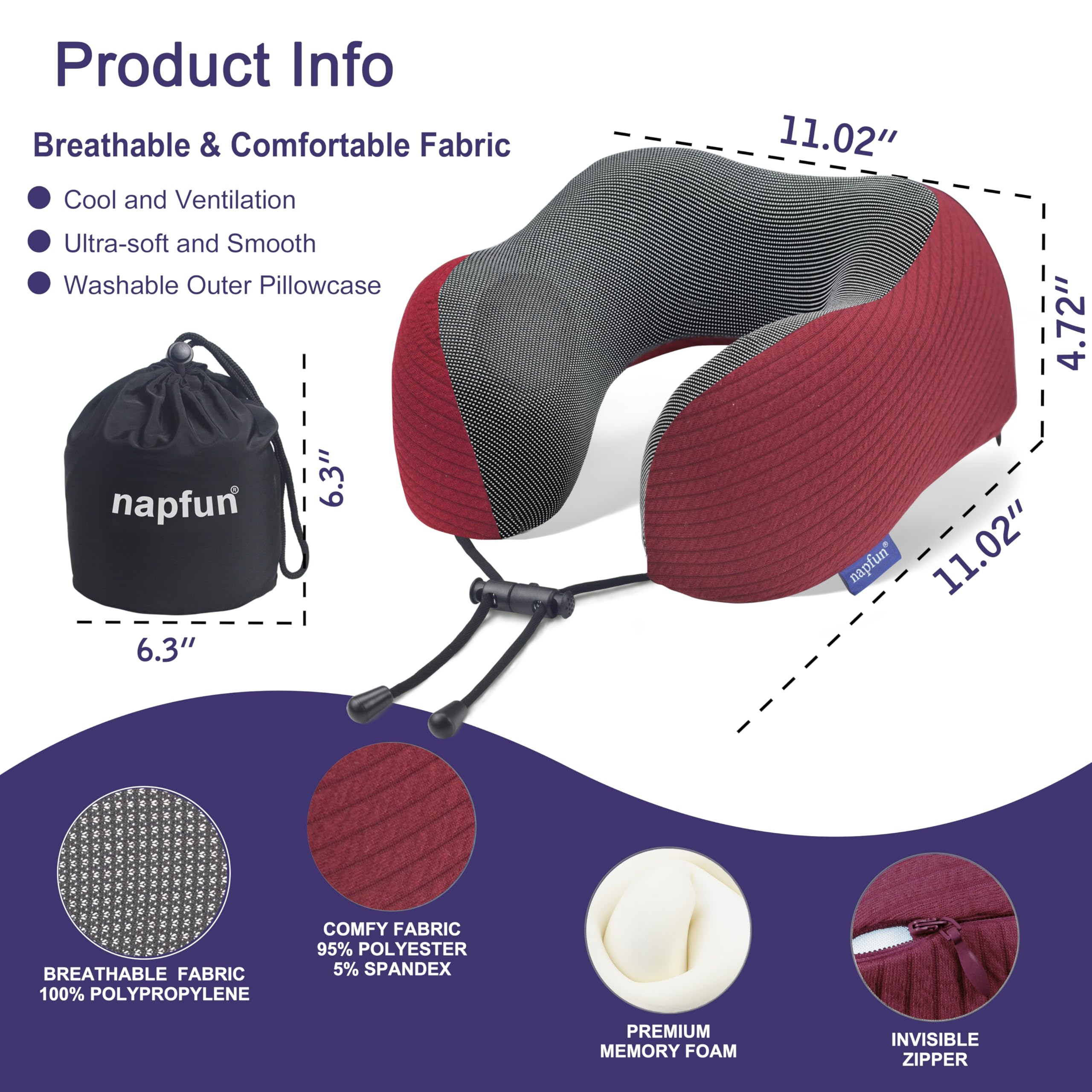 napfun Neck Pillow for Travel, Memory Foam Airplane Pillow, Burgundy view 2