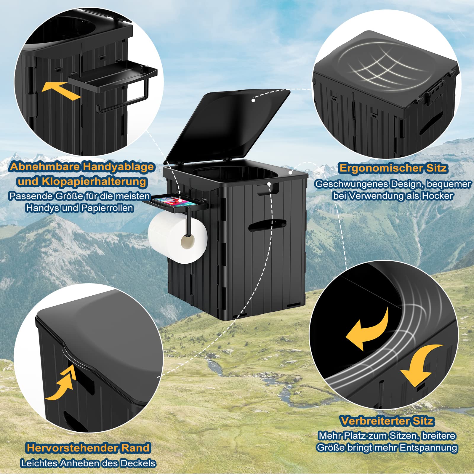 WADEO Tragbare Campingtoilette 38L, Robuste Falttoilette mit Tragkraft bis zu 200kg, Mobiltoilette Faltbares Töpchen mit abnehmbarem Papier- und Telefonhalter und 12 Stück Toilettenbeuteln
