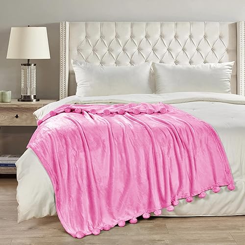 Miniatura 6 de BYTIDE Manta con pompones para sofá, manta de franela de vellón con borlas de flecos de pompones, manta de felpa, esponjosa, acogedora, cálida,