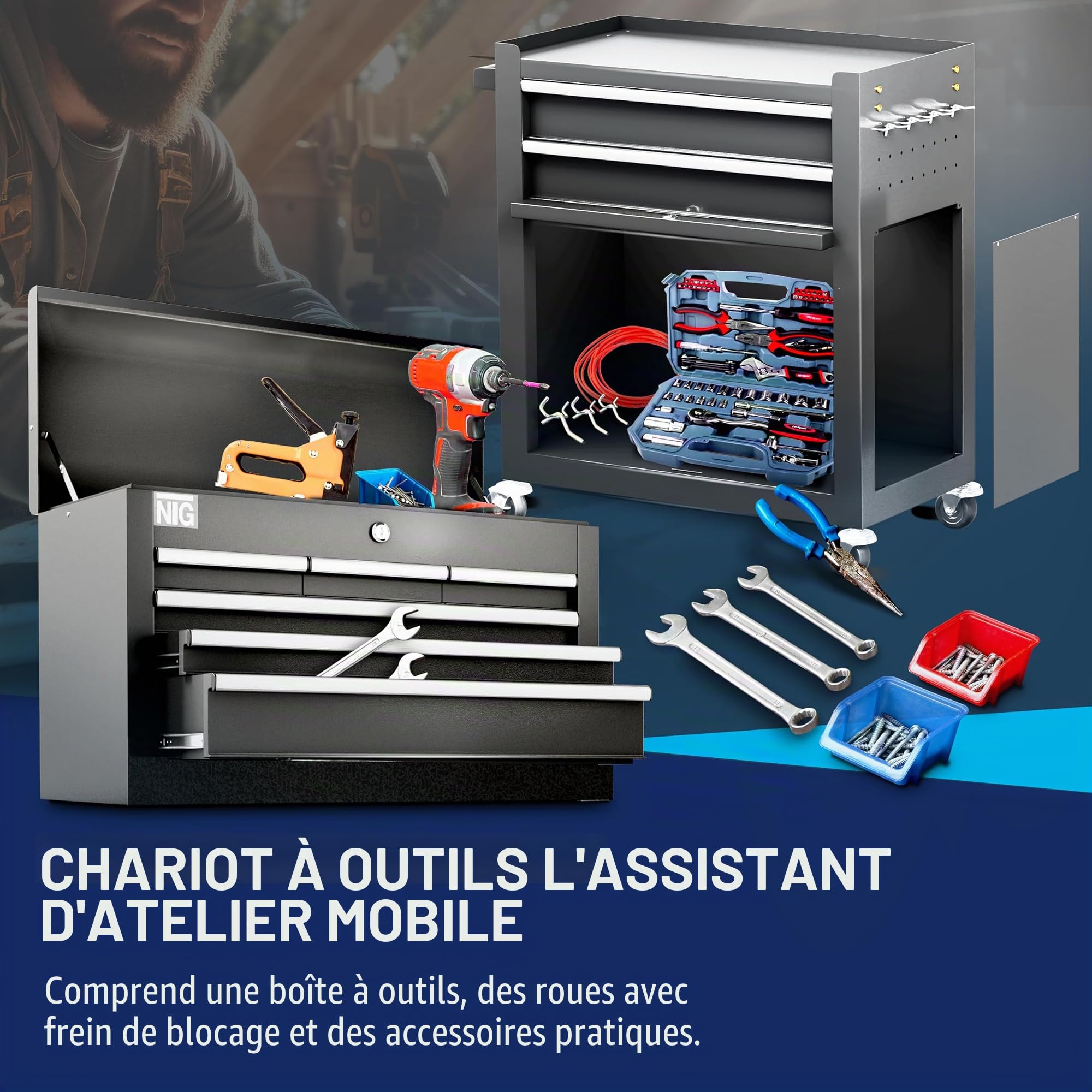 NTG Chariot d'atelier avec Coffre : 9 Compartiments, verrouillable, métal Robuste | Chariot à Outils sans Outils | Chariot pour Le Rangement des Outils avec Serrure