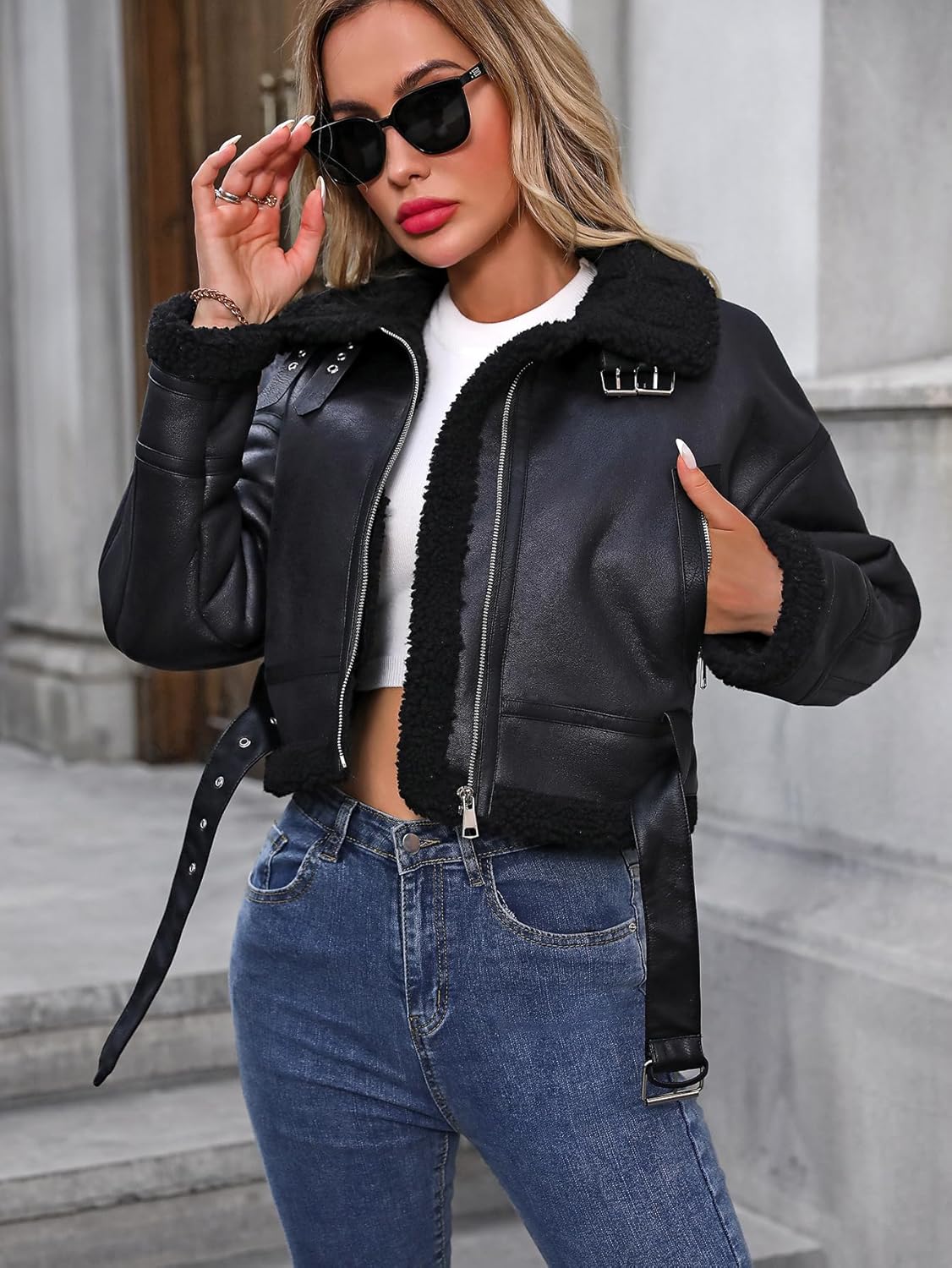 Winter Women Faux Lamb Fur Leather Jacket Warm Fur Lined Zipper Cropped Bomber Aviator Coat