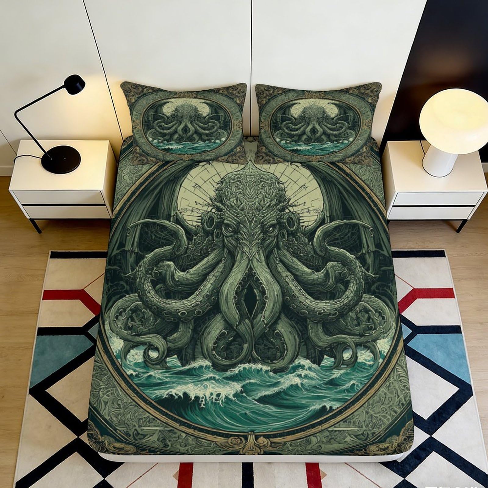 3D Printed Cthulhu Octopus Fitted Sheet Microfiber Dark Green Gothic Mattress Cover for Bedroom Dorm Decor 90x200x25cm
