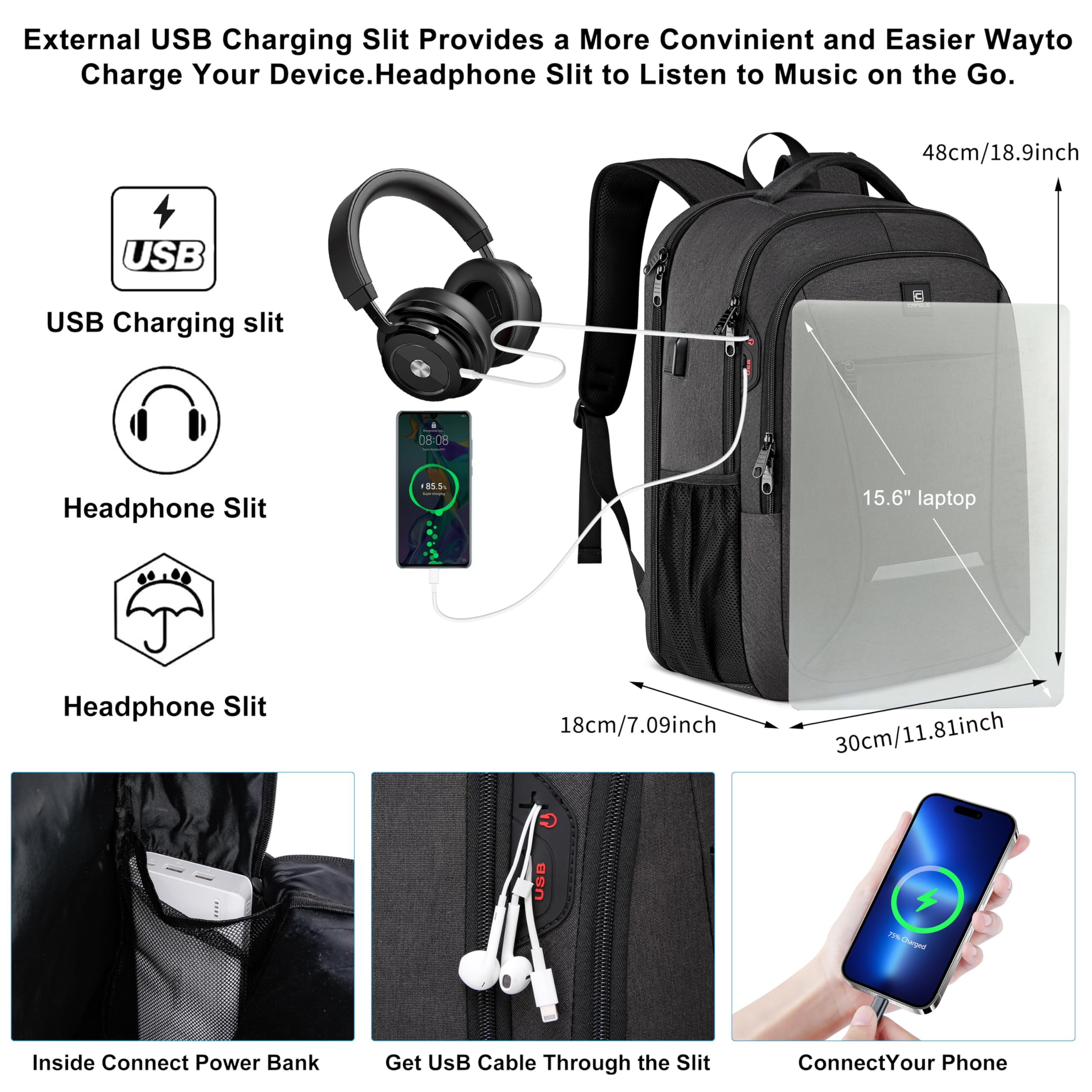 CAFELE Sac à dos professionnel avec compartiment 17,3 pouces et port USB de recharge - Idéal pour le travail, les voyages et l'école. Style tendance unisexe en gris