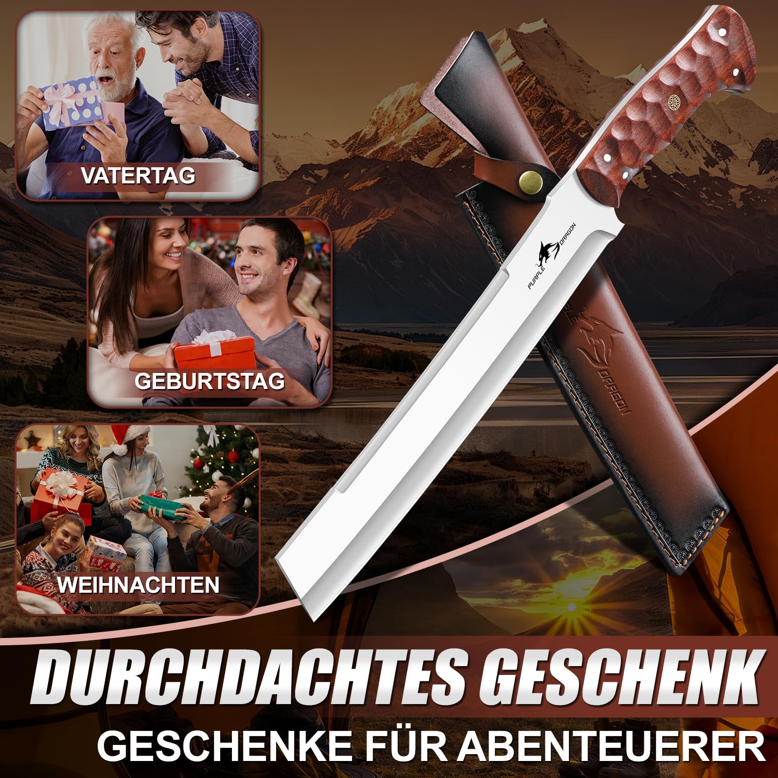 Purple Dragon Großes Outdoor Messer – Aus einem Stück D2-Stahl geschmiedet – Survival Messer mit durchgehendem Holzgriff und Scheide für Buschhandwerk, Camping und Gartenarbeit – Geschenk für Männer
