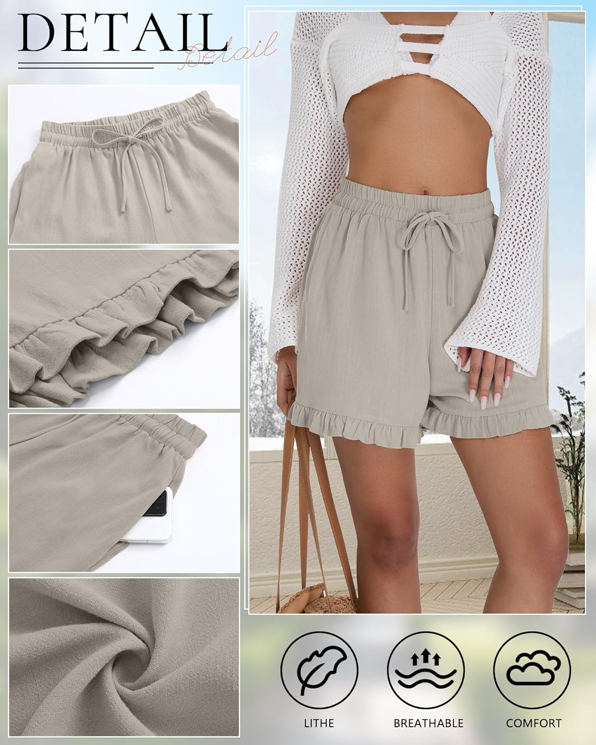 Neer Women's Linen Short, Ruffle Casual Summer Short Drawstring Elastic Waist Beach Lightweight Cute Outfit with Pockets - Image 4