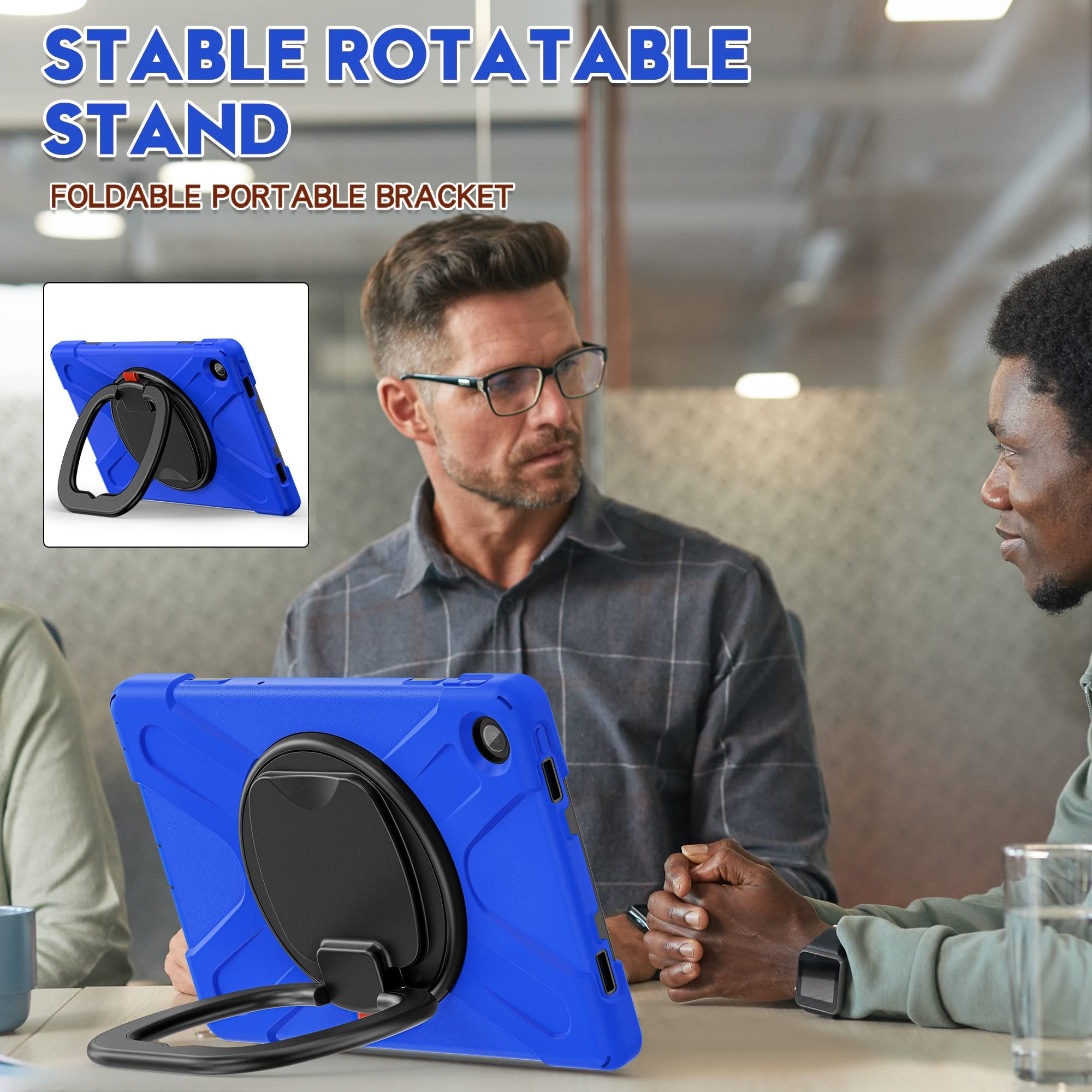 Podróż na tablecie Odporny na wstrząsy ciężki TPU Przypadek Lenovo Tab M10 Plus 2022 10,6 cala TB-125F/128F, Obracający się pasek ramię, ochronną okładkę odporną uderzenie(Blue+Black)