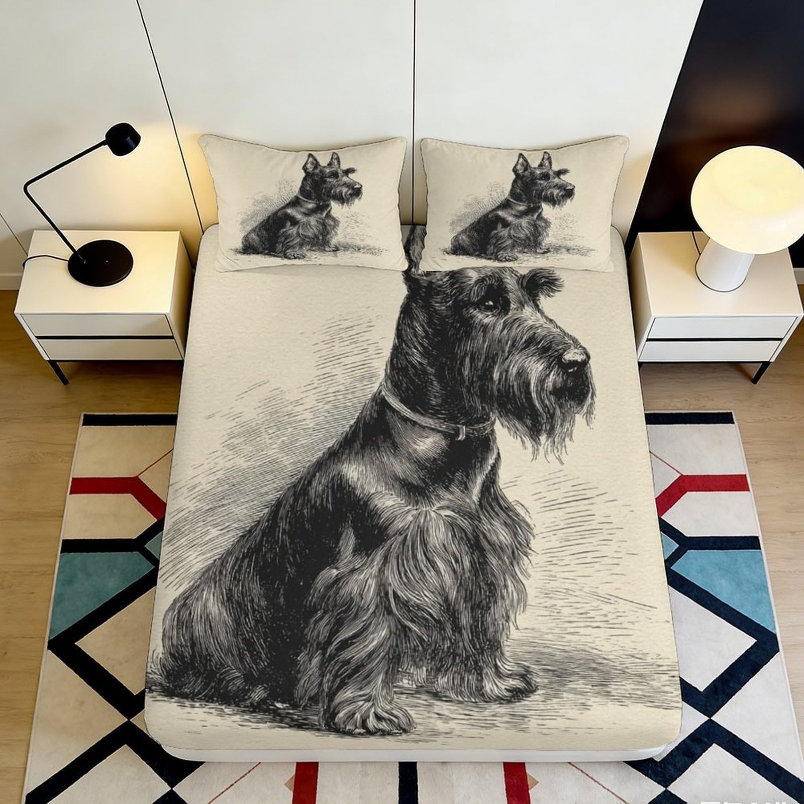 3D Printed Schnauzer Pattern Fitted Sheet Microfiber Deep Pocket Non-Slip Bedding Schnauzer Mattress Fitted Cover Washable 90x200x25cm