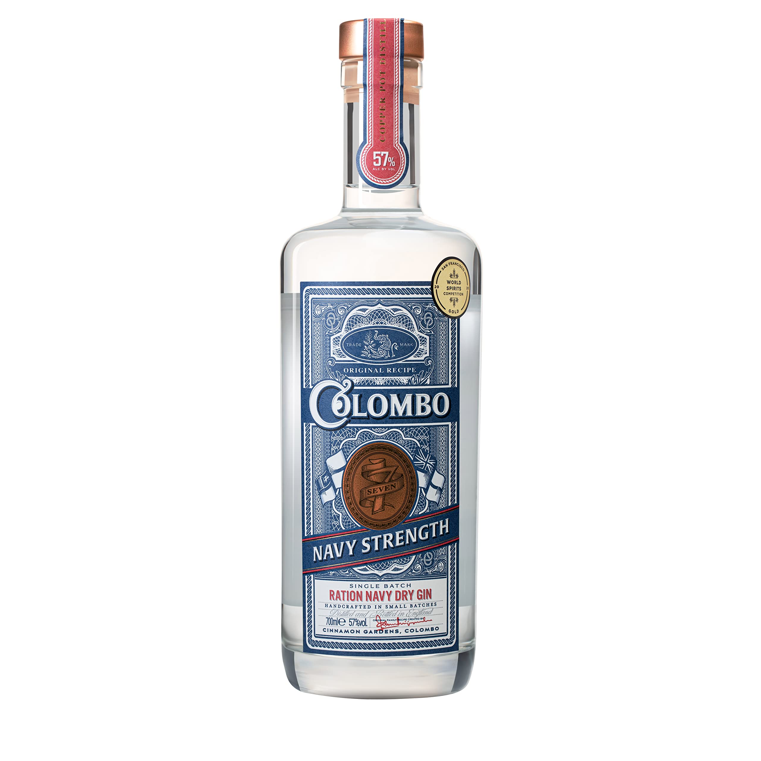 Colombo No.7 Ration Navy Dry Gin, 70 cl - Multi-Award Winning - Navy Strength Classic Dry Gin - 57% ABV - Enhanced Spiced Gin