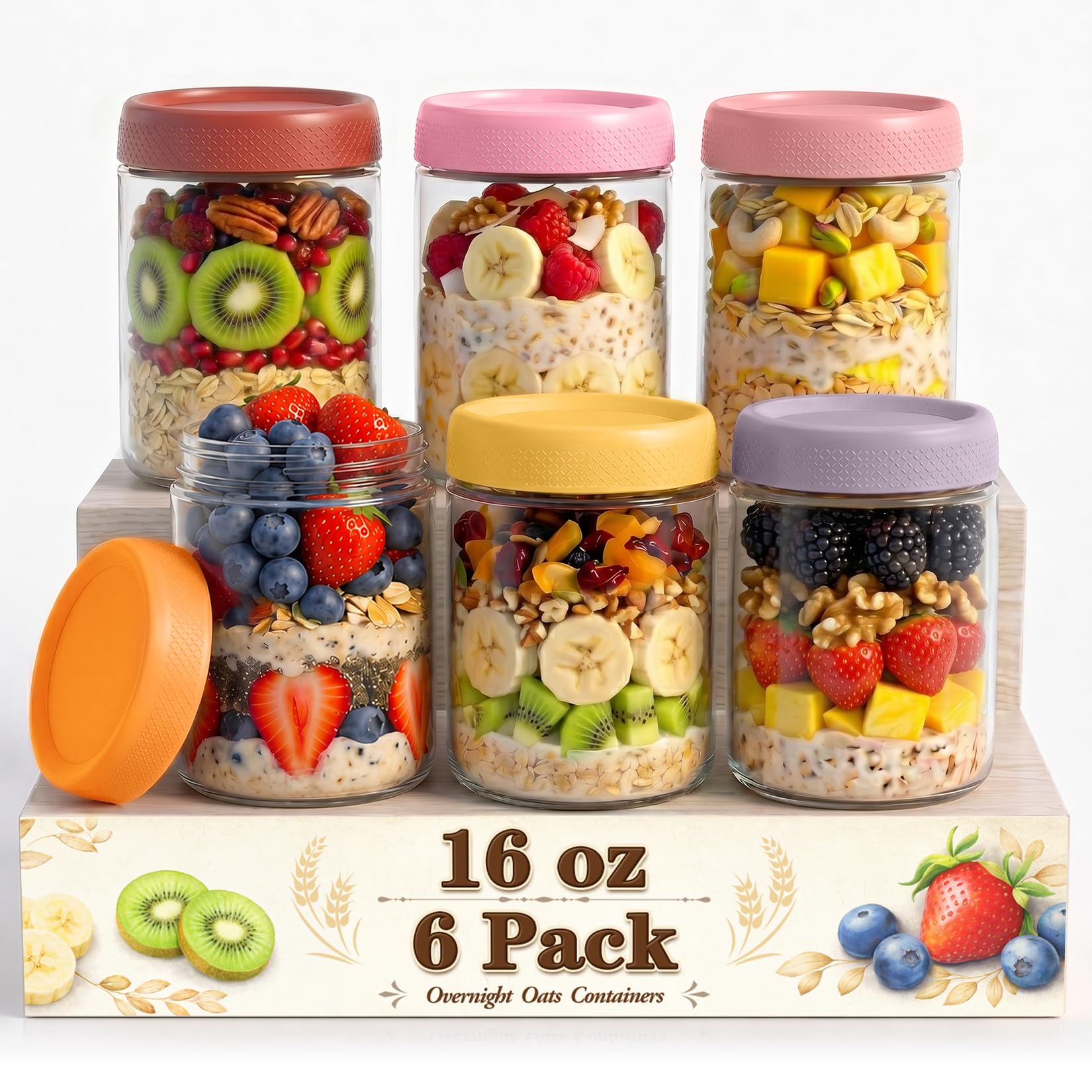 SECLENT 16 oz Mason Jars, 6 Pack Air Tight Overnight Oats Jars, Chia Pudding Glass Jars with Lids, Parfait Cups with Lids, Sugar Bowls, Glass Storage Jar for Yogurt, Snack, Food, Prep Meal, Breakfast