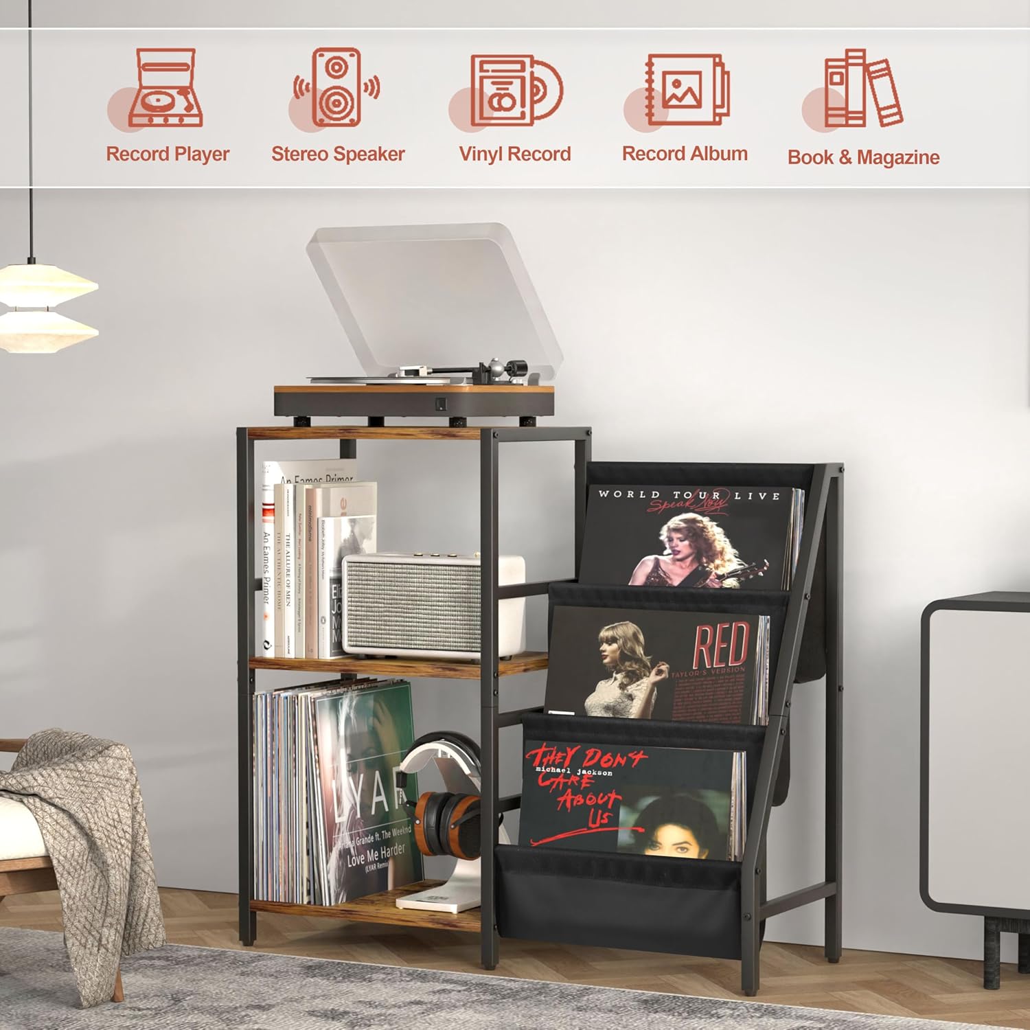 Tewinko Stereo Record Player Stand with Vinyl Storage for 200 Albums, Turntable Display Shelf, Black