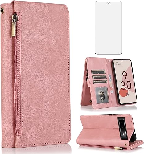 Asuwish Funda tipo cartera compatible con Google Pixel 6A 5G 2022, protector de pantalla de vidrio templado y cremallera, funda de cuero retro,