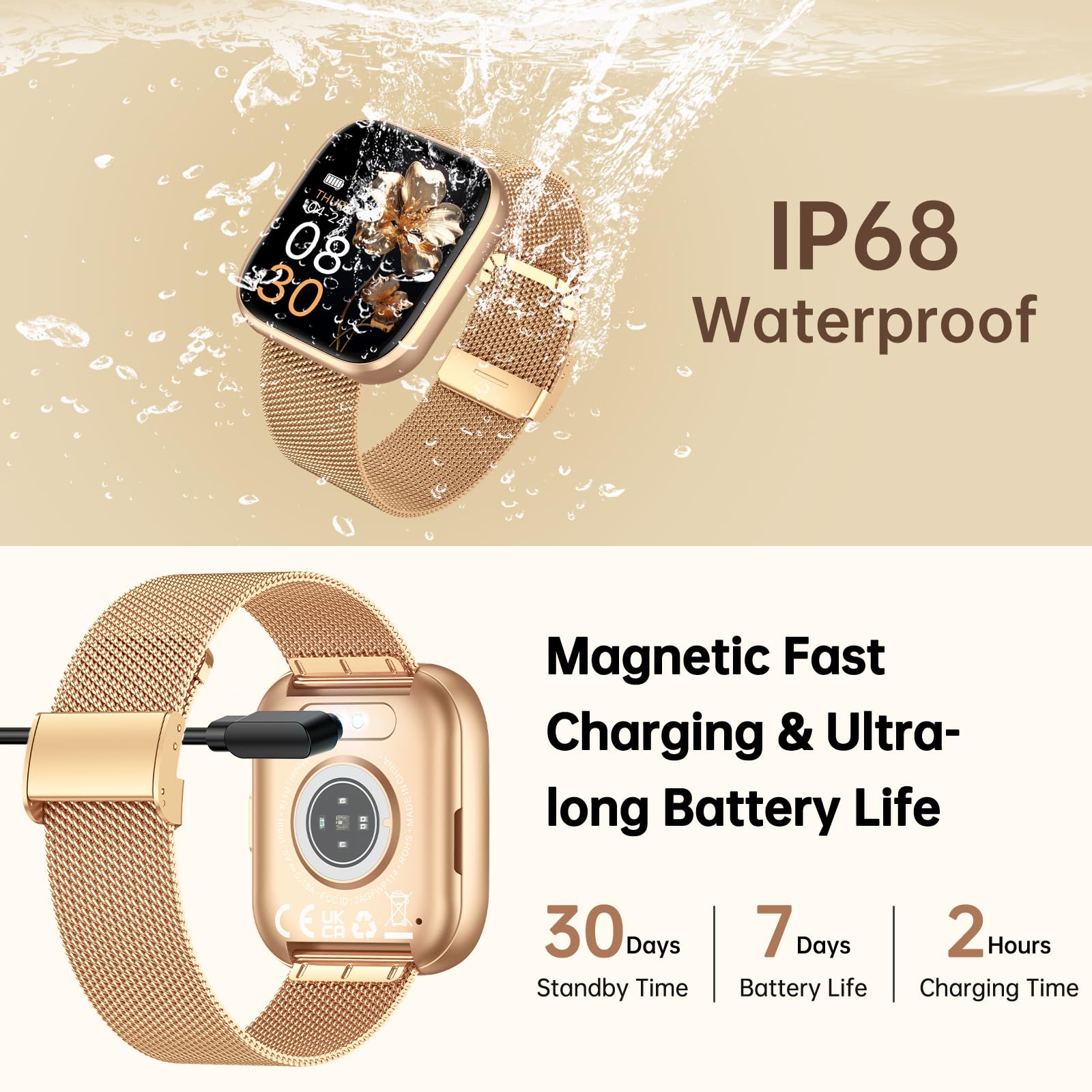 Smartwatch Donna, 1,91" HD Orologio Smartwatch Donna con Chiamate Bluetooth, 120+ Modalità Sport, Monitoraggio Salute 24/7, Impermeabile IP68, Fitness Tracker Compatibile con Android e iOS, Oro